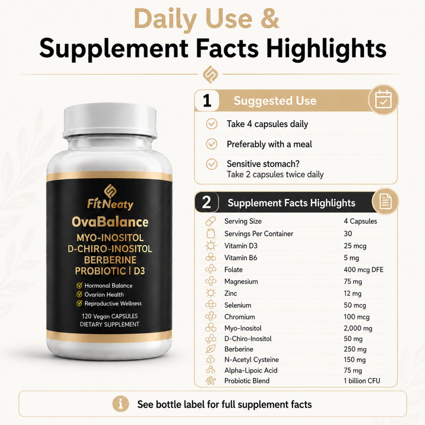 FitNeaty Myo-Inositol & D-Chiro Inositol Supplement for Women, Vegan Capsules, 120 Count