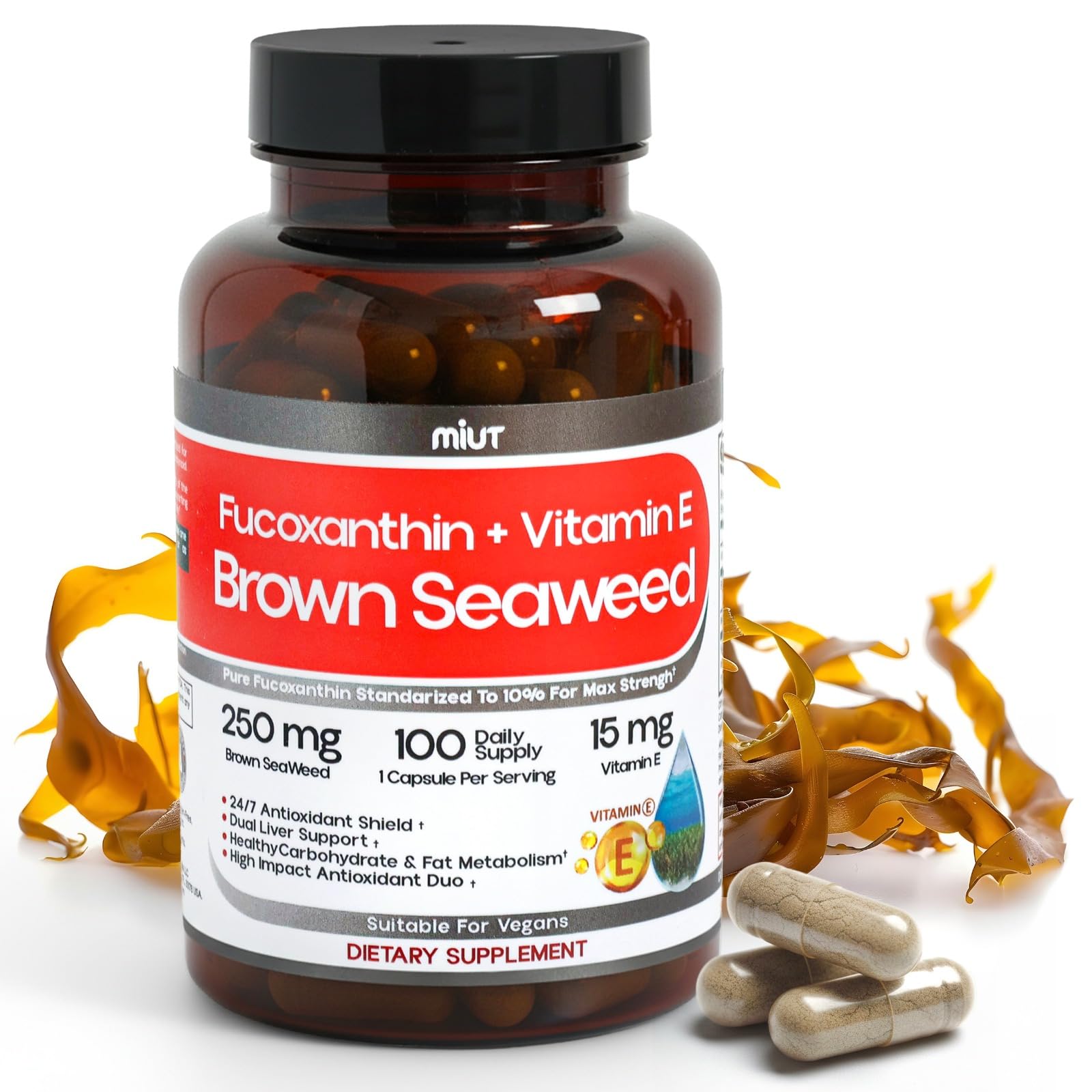 MIUT Fucoxanthin Brown Seaweed Extract Supplement 250mg, 10% Standardized Fucoxanthin with Vitamin E & MCT Oil Capsules, 100 Capsules
