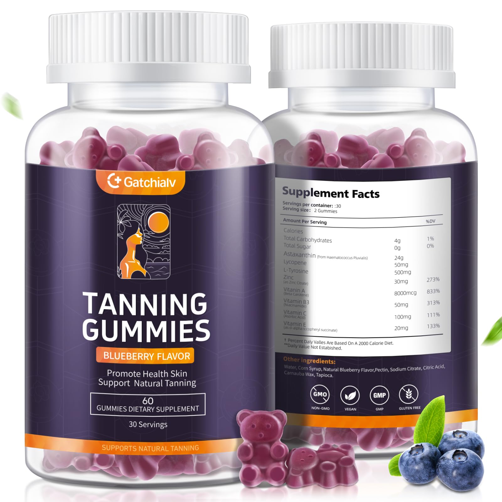Gatchialv Tanning Gummies Self Tan Bronzing Supplement that Work Without Sun No Sugar Vegan with Astaxanthin Lycopene Beta Carotene and Vitamins, 60 Count