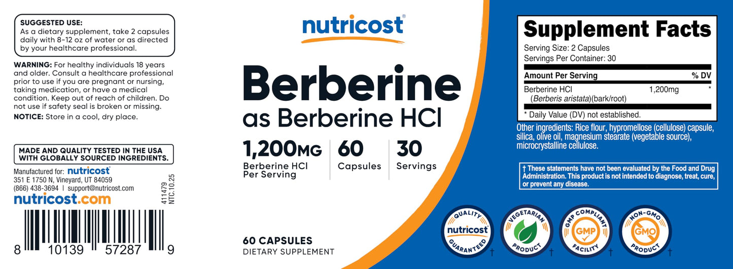 Nutricost Berberine HCl 1200mg Capsule 60 Count