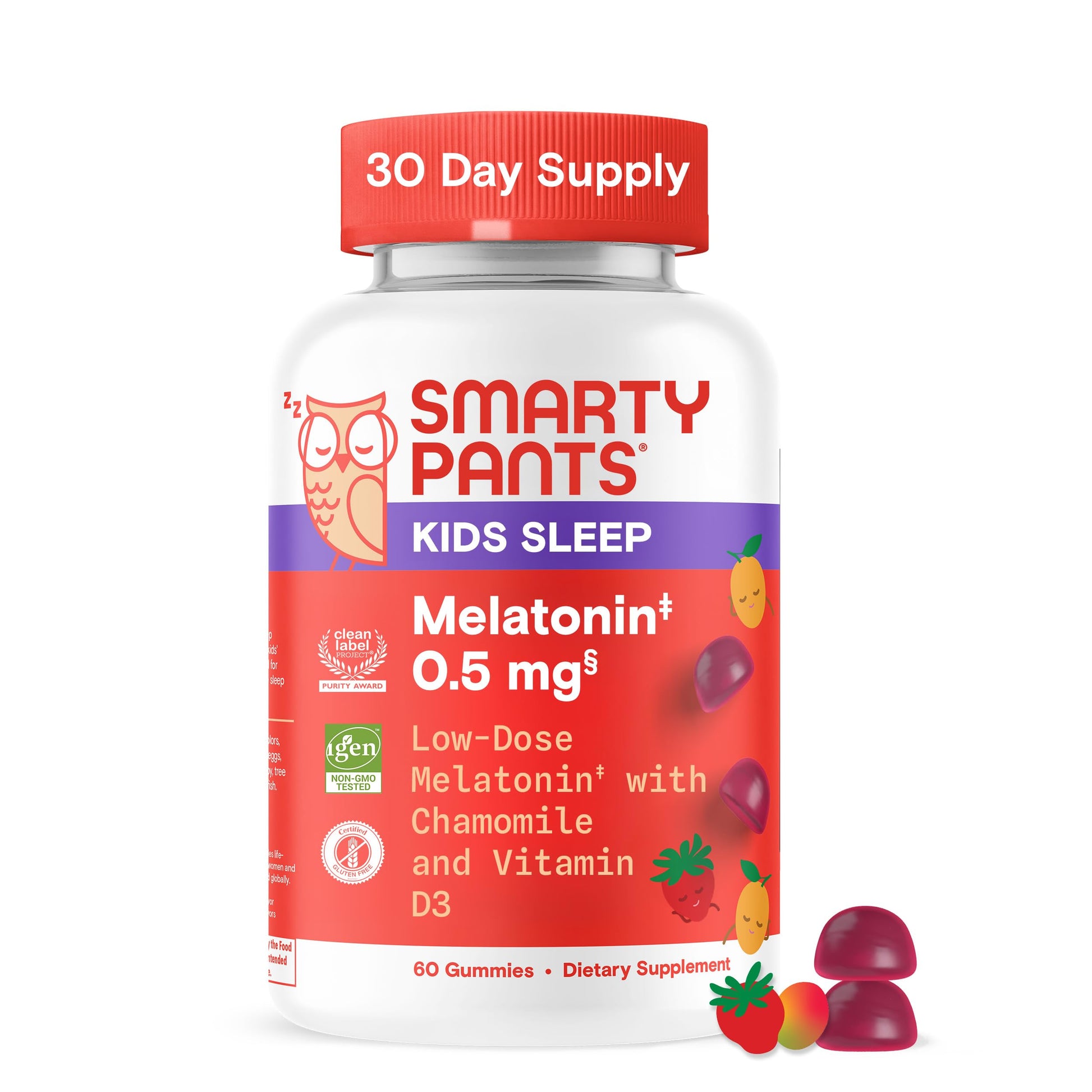 SmartyPants Kids Sleep Gummies with Melatonin 0.5mg, Chamomile & Vitamin D3, Sleep Aid, Strawberry Mango Flavor, 60 Count