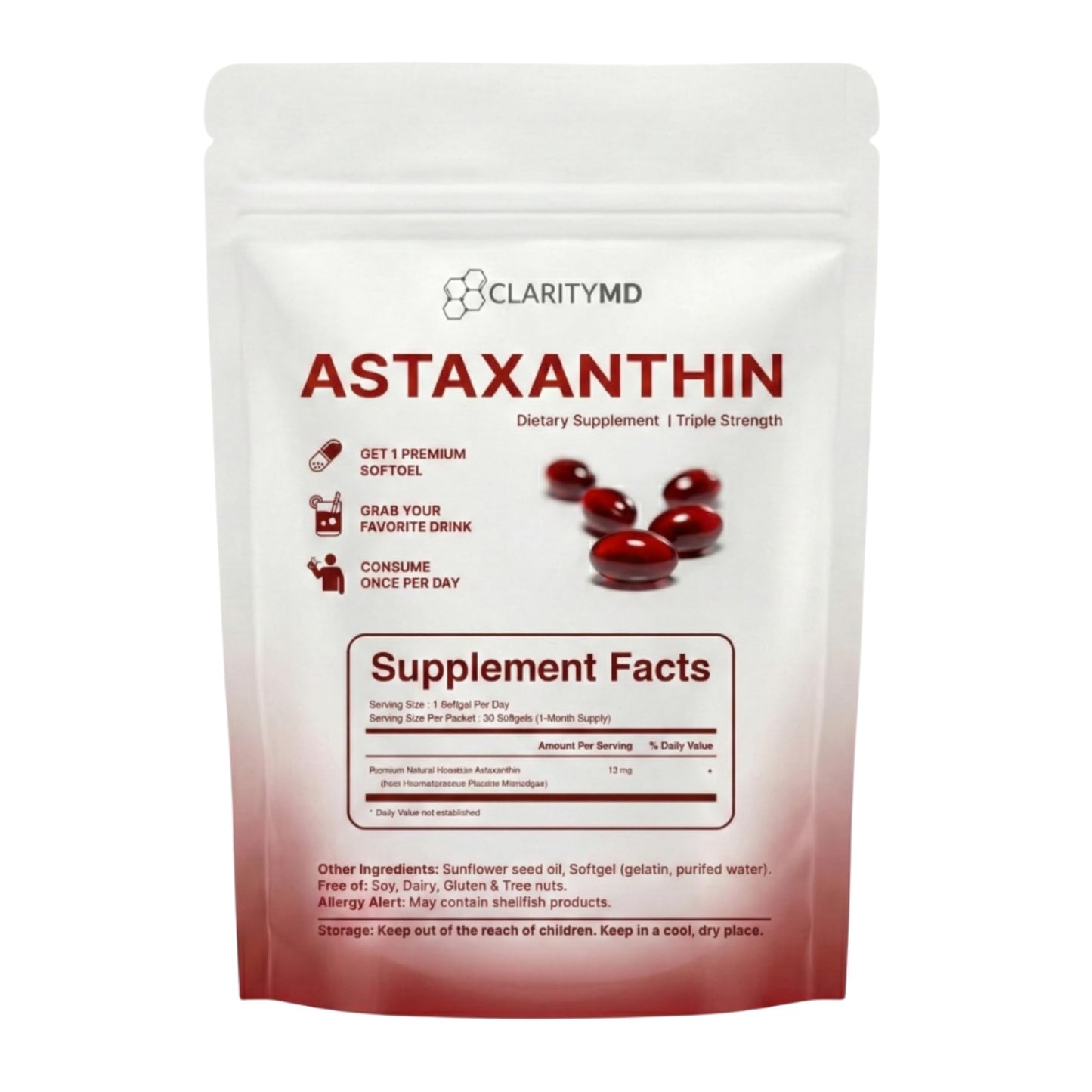 ClarityMD Astaxanthin 12mg Antioxidants Supplement Softgels, 30 Count