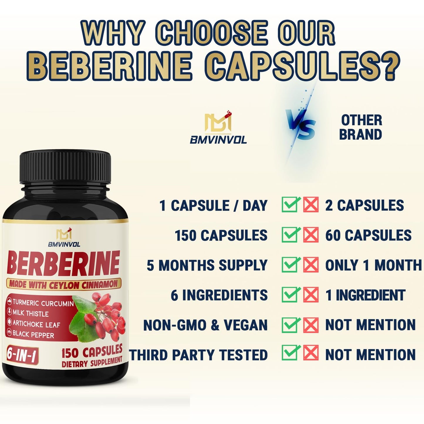 BMVINVOL Berberine with Ceylon Cinnamon, Turmeric, Milk Thistle, Artichoke, Black Pepper 150 Capsules