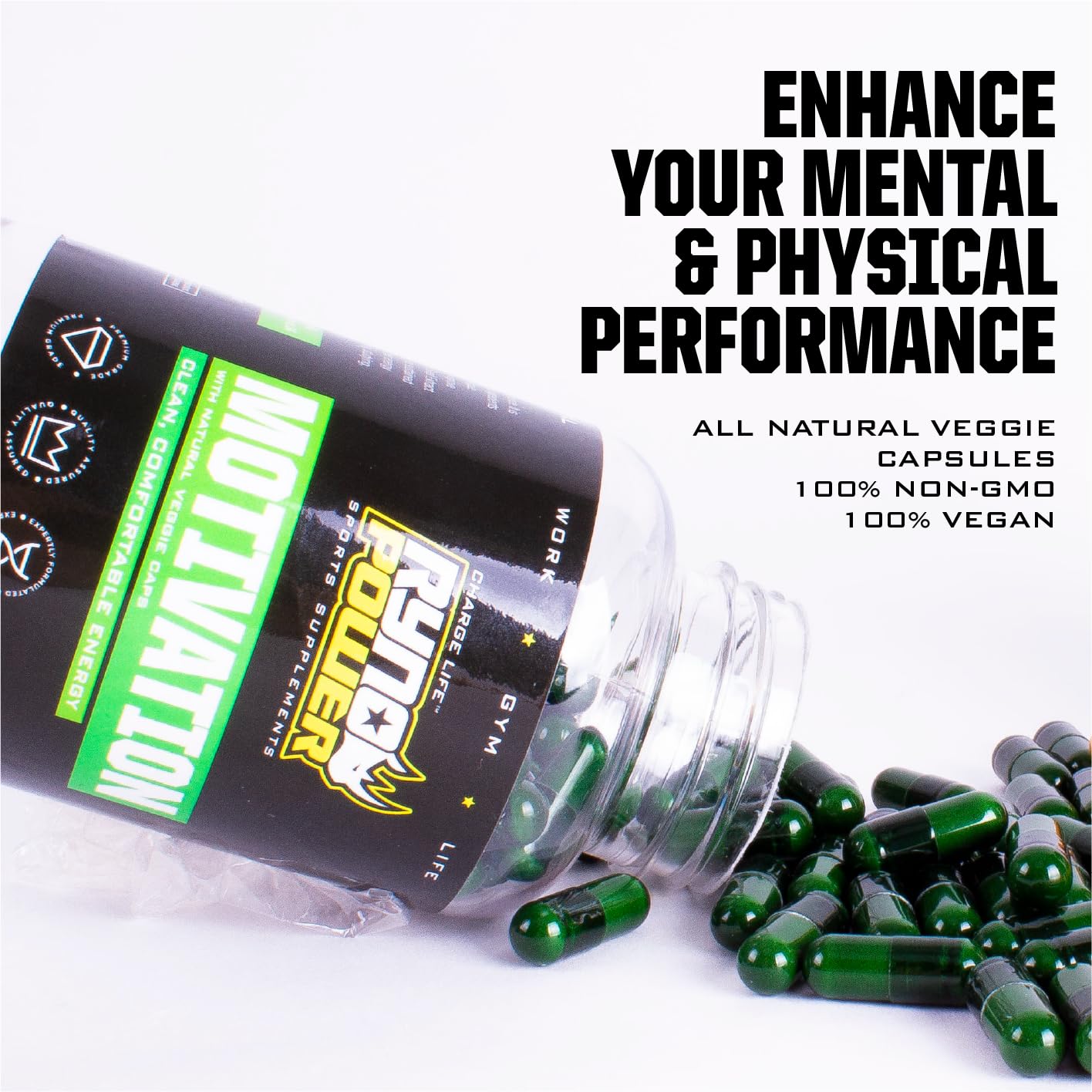 Ryno Power Motivation Pre-Workout Focus Energy Supplement Capsules, 60 Count