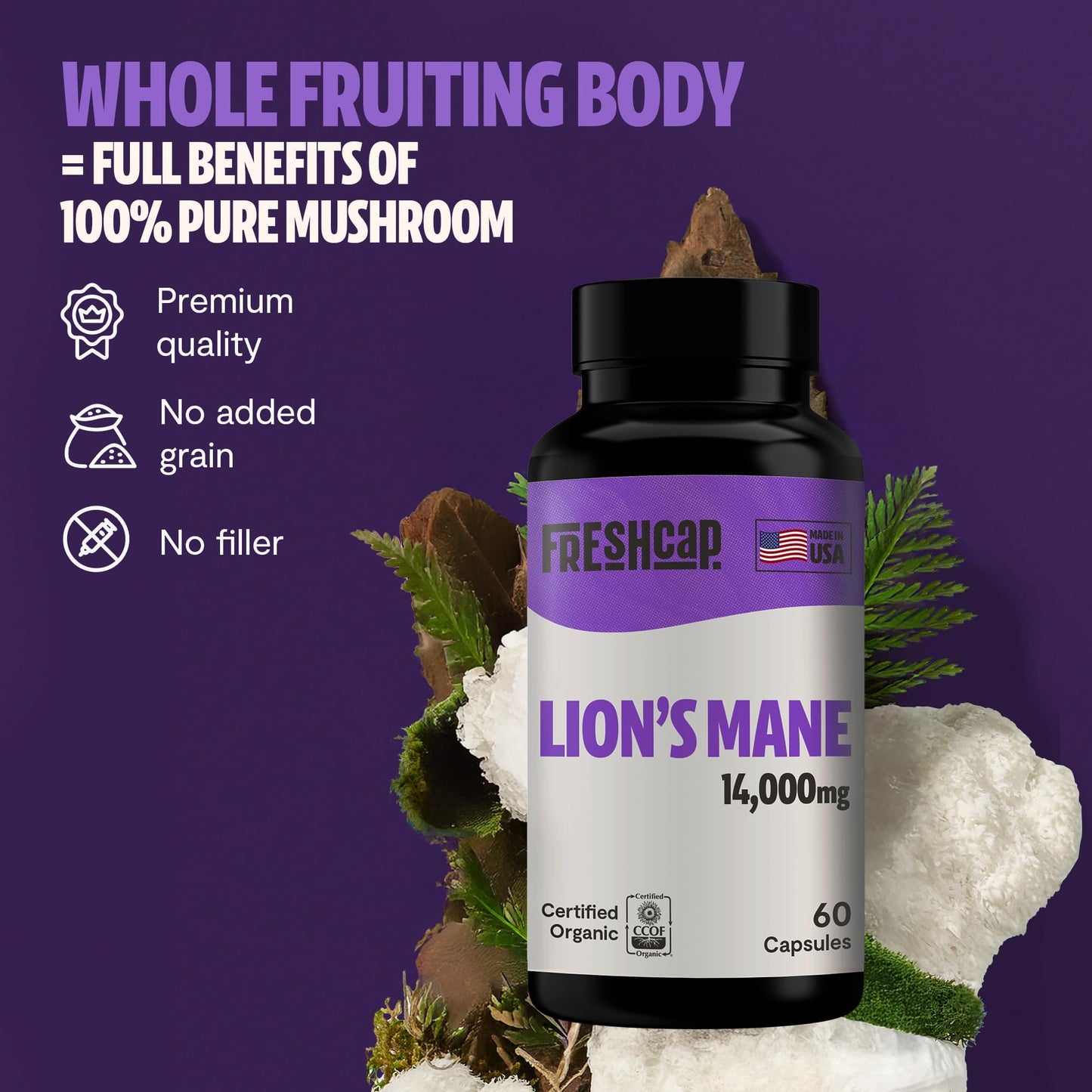 FreshCap Mushrooms Premium Organic Lions Mane Capsules, 180 Capsules