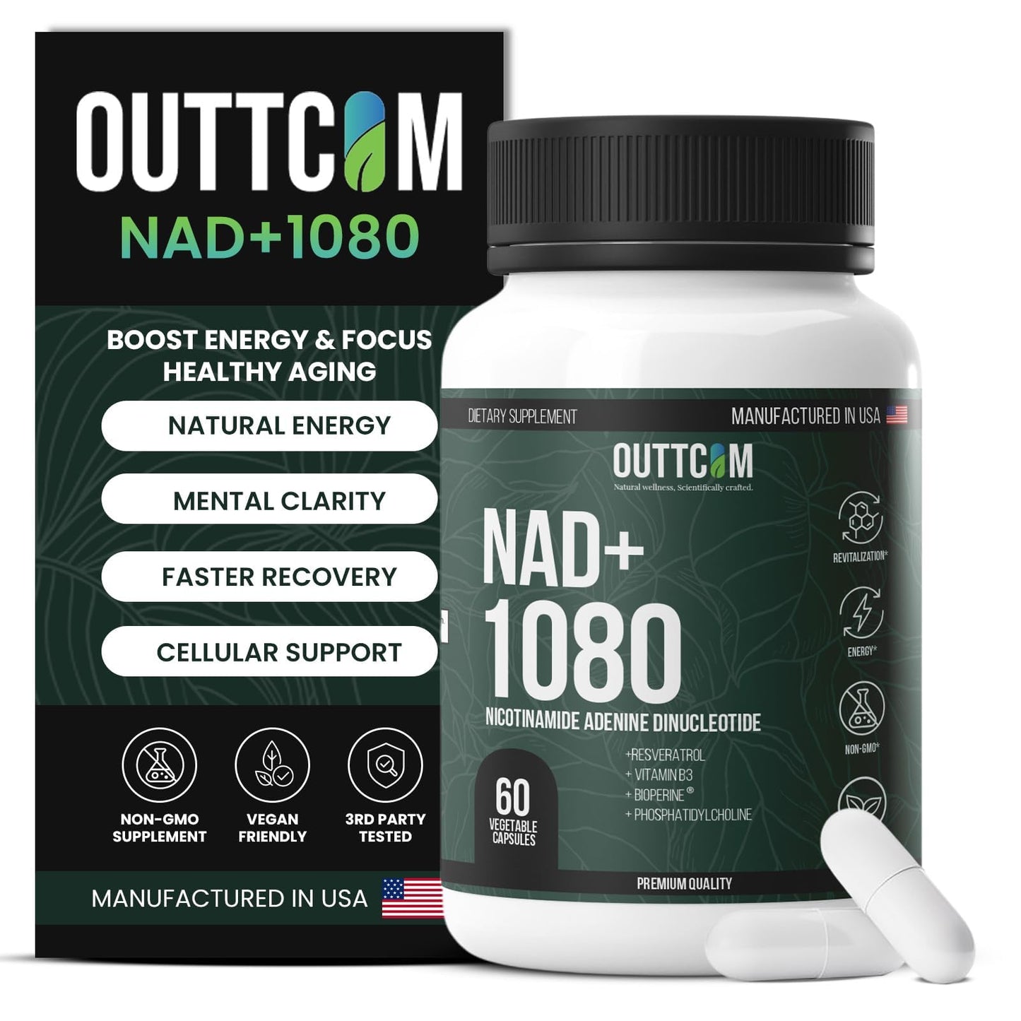 Outtcom Liposomal NAD+ Supplement 900mg — Resveratrol, B12, Phosphatidylcholine & Bioperine Capsule, 60 Count