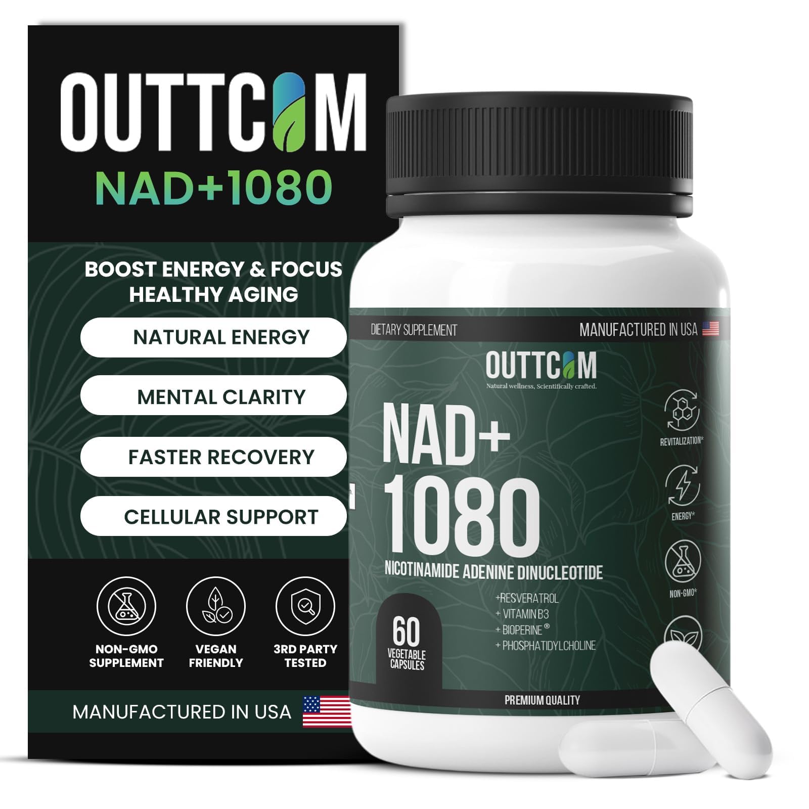 Outtcom Liposomal NAD+ Supplement 900mg — Resveratrol, B12, Phosphatidylcholine & Bioperine Capsule, 60 Count