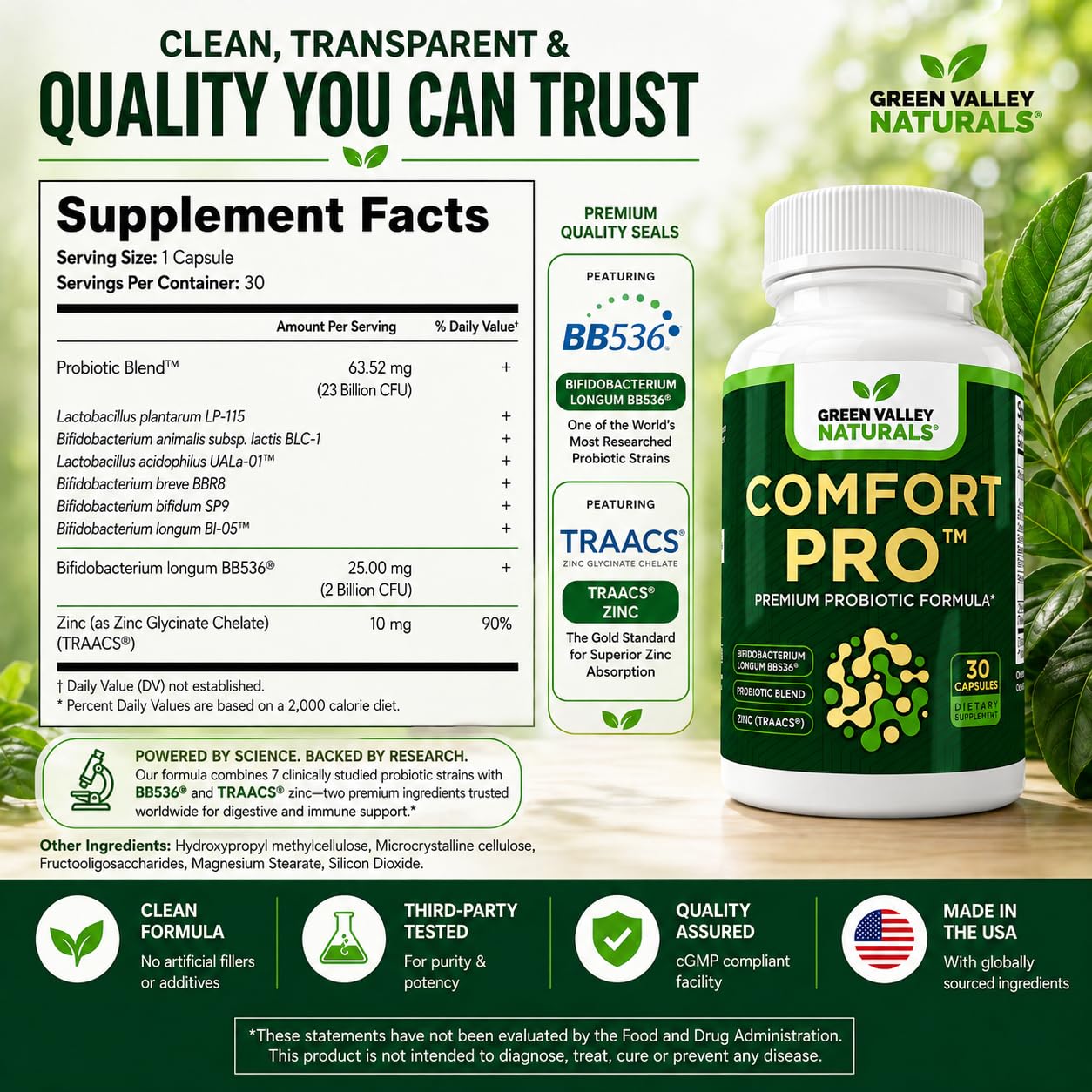 GREEN VALLEY NATURALS ComfortPro Daily Probiotics for Digestive Health, 60 Capsules