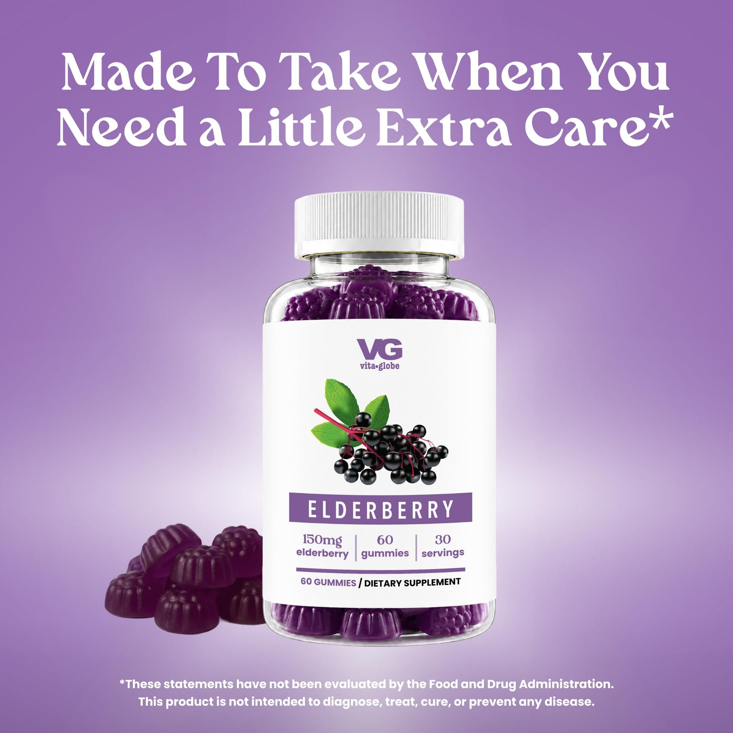 VITA GLOBE Elderberry Gummies with Vitamin C, Zinc, Immune Support Vegan Gummy, 120 Gummies
