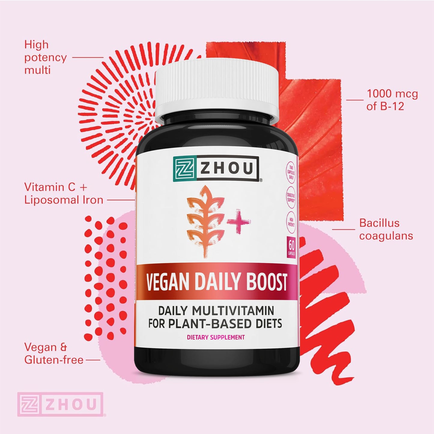 ZHOU Vegan Multivitamin for Women & Men, Capsules, 60 Count