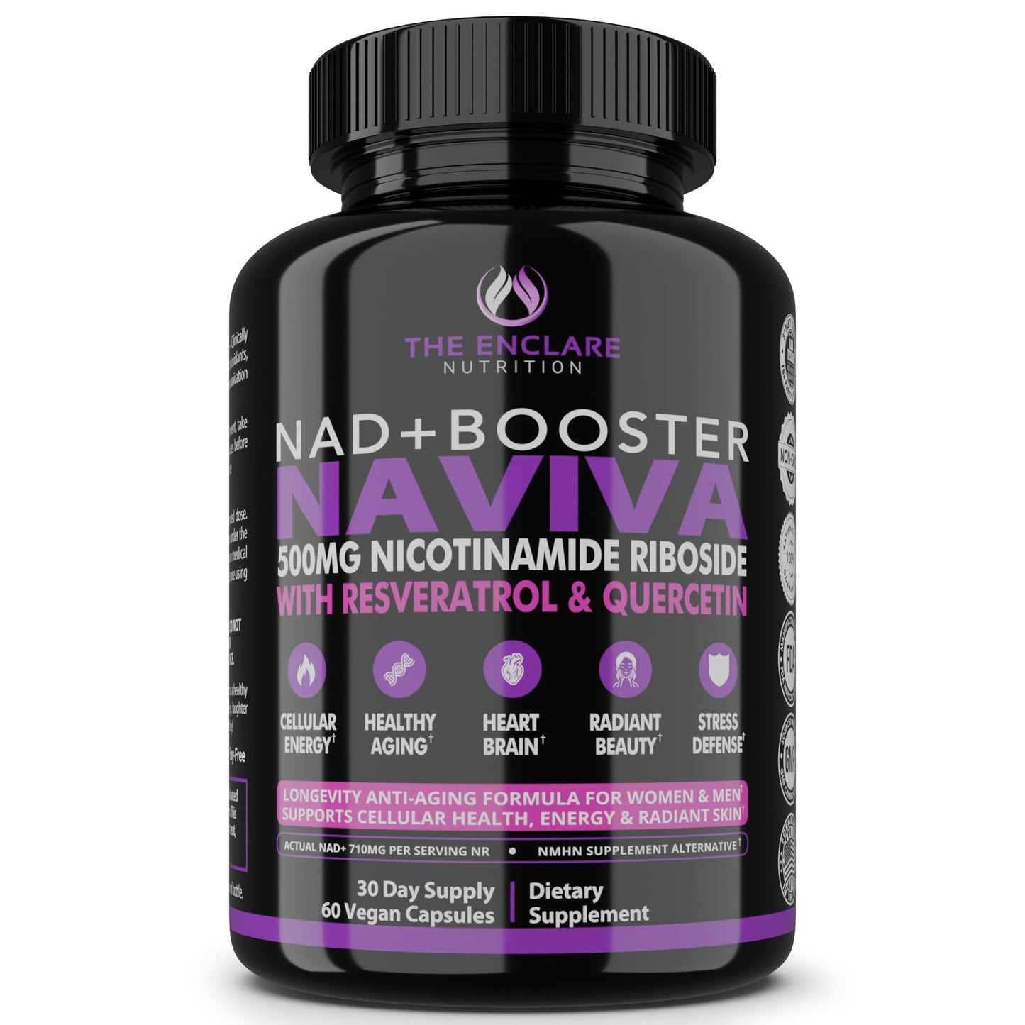 THE ENCLARE NUTRITION NAD Supplement for Women & Men NAVIVA 500mg Nicotinamide Riboside Resveratrol & Quercetin – Anti-Aging NMN Alternative for Cellular Energy & Renewal, Brain, Heart, Skin – 60 Vegan Capsules