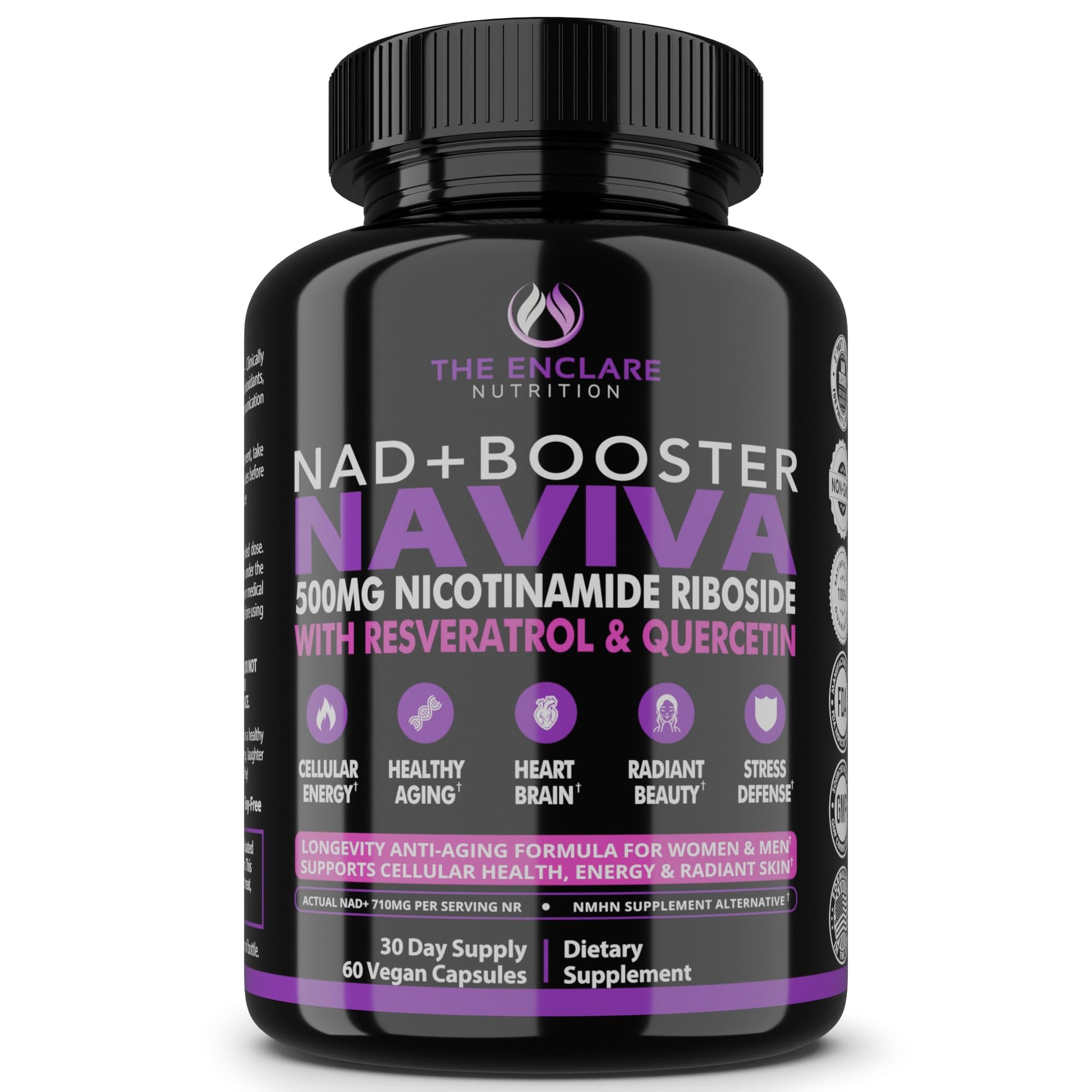 THE ENCLARE NUTRITION NAD Supplement for Women & Men NAVIVA 500mg Nicotinamide Riboside Resveratrol & Quercetin – Anti-Aging NMN Alternative for Cellular Energy & Renewal, Brain, Heart, Skin – 60 Vegan Capsules