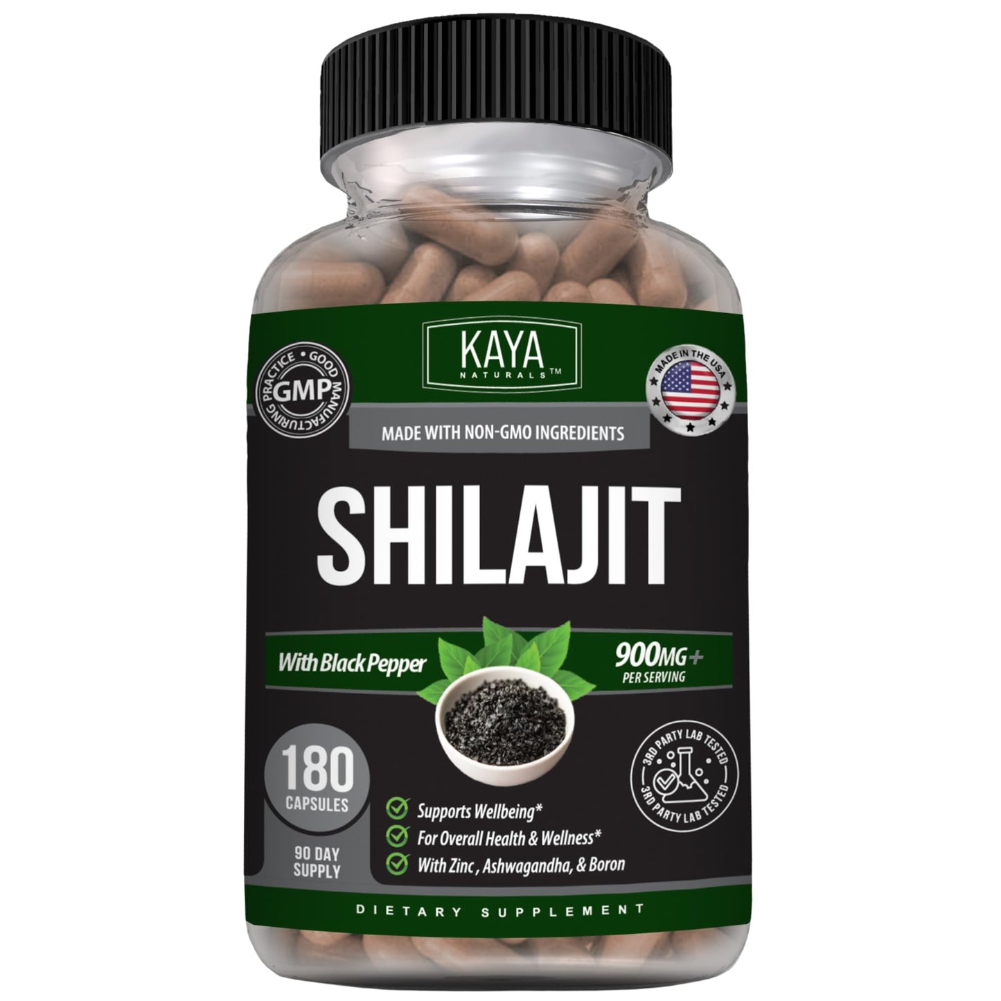 Kaya Naturals Shilajit with Black Pepper 900mg per Serving Capsule, 180 Count