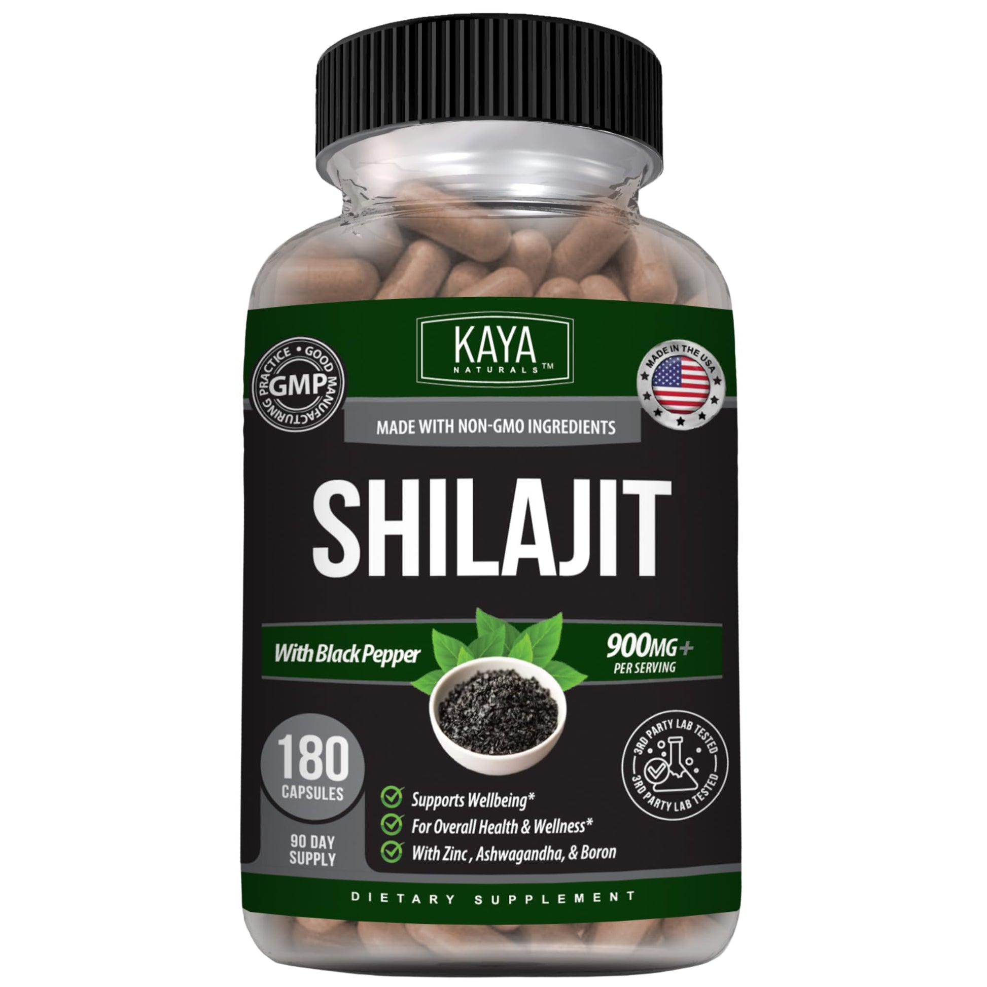 Kaya Naturals Shilajit with Black Pepper 900mg per Serving Capsule, 180 Count