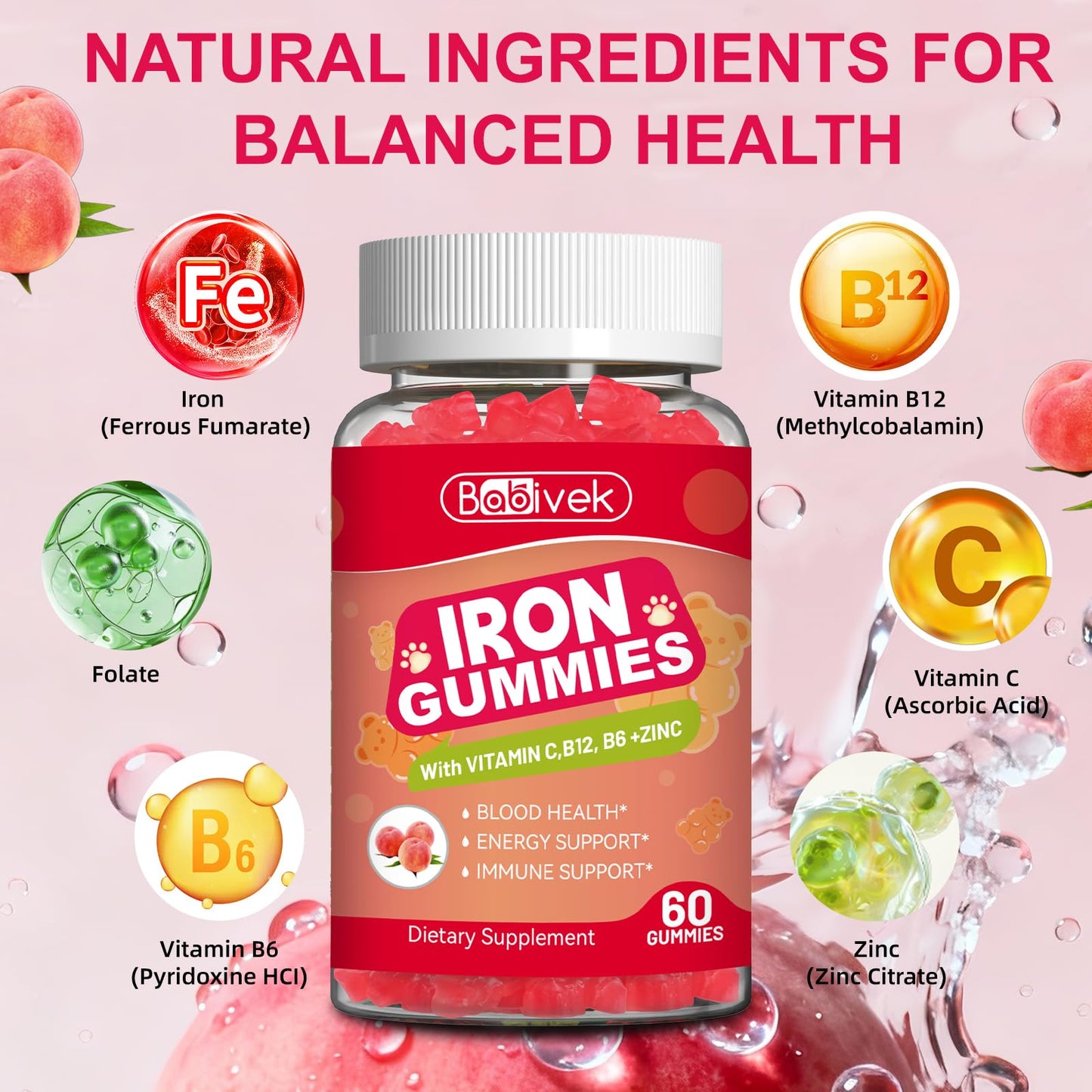 Babivek Iron Gummies with Folate, Vitamin C, B12, B6, Zinc - Peach Flavor, Vegan, 60 Gummies