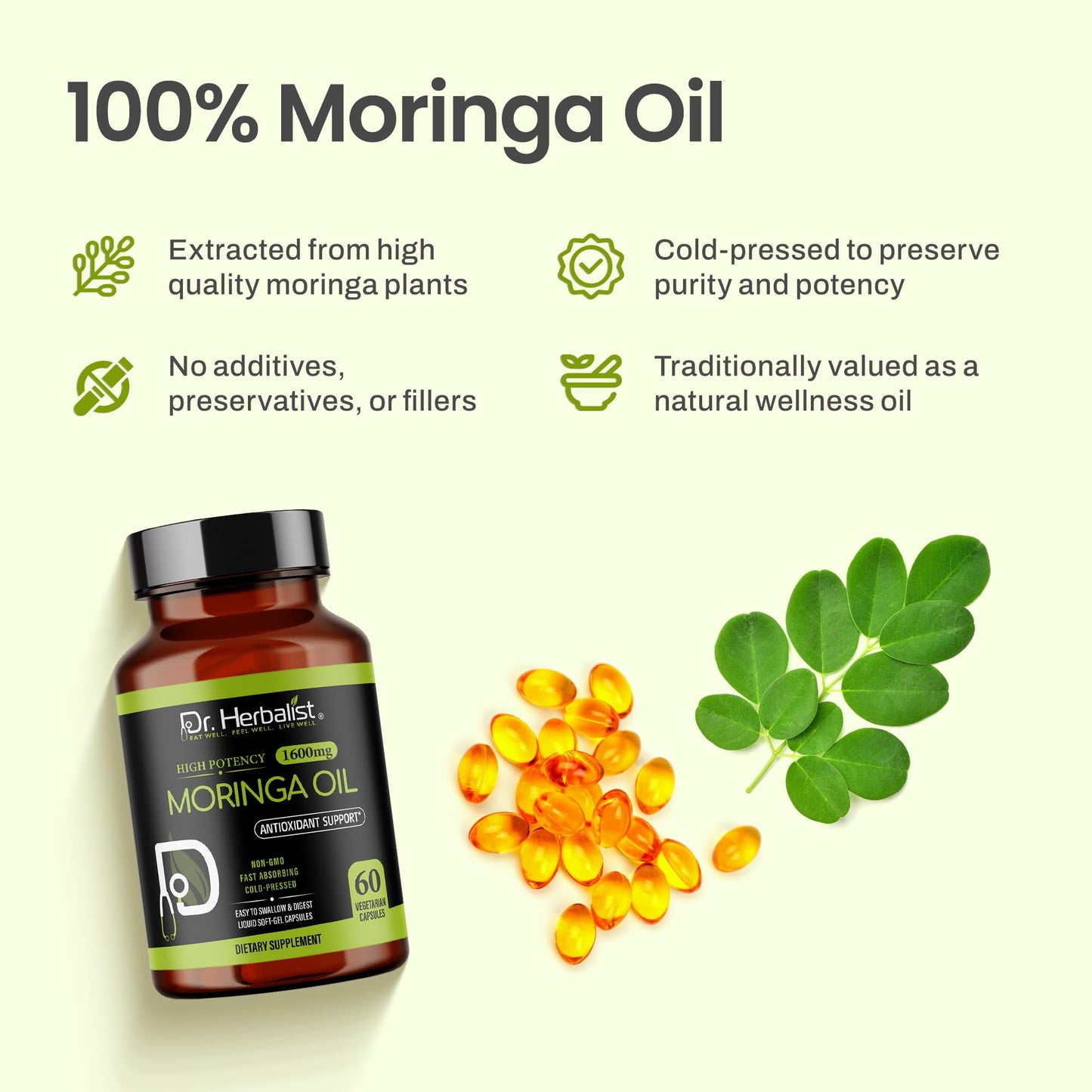Dr. HERBALIST Moringa Oil Capsule 1600mg, Cold Pressed, Halal, 60 Count
