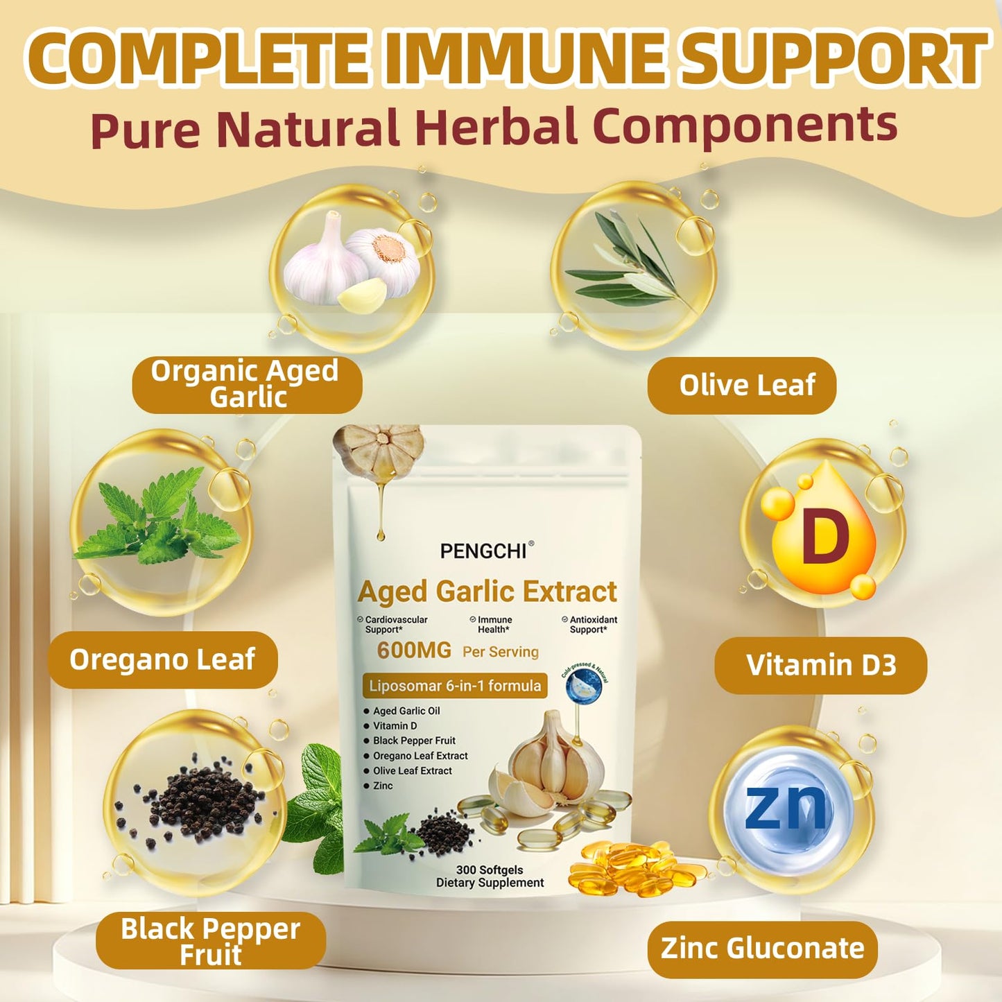 PENGCHI Aged Garlic Extract Odorless Garlic Supplements with Vitamin D, Zinc, Oregano & Olive Leaf & Black Pepper, Softgels 300