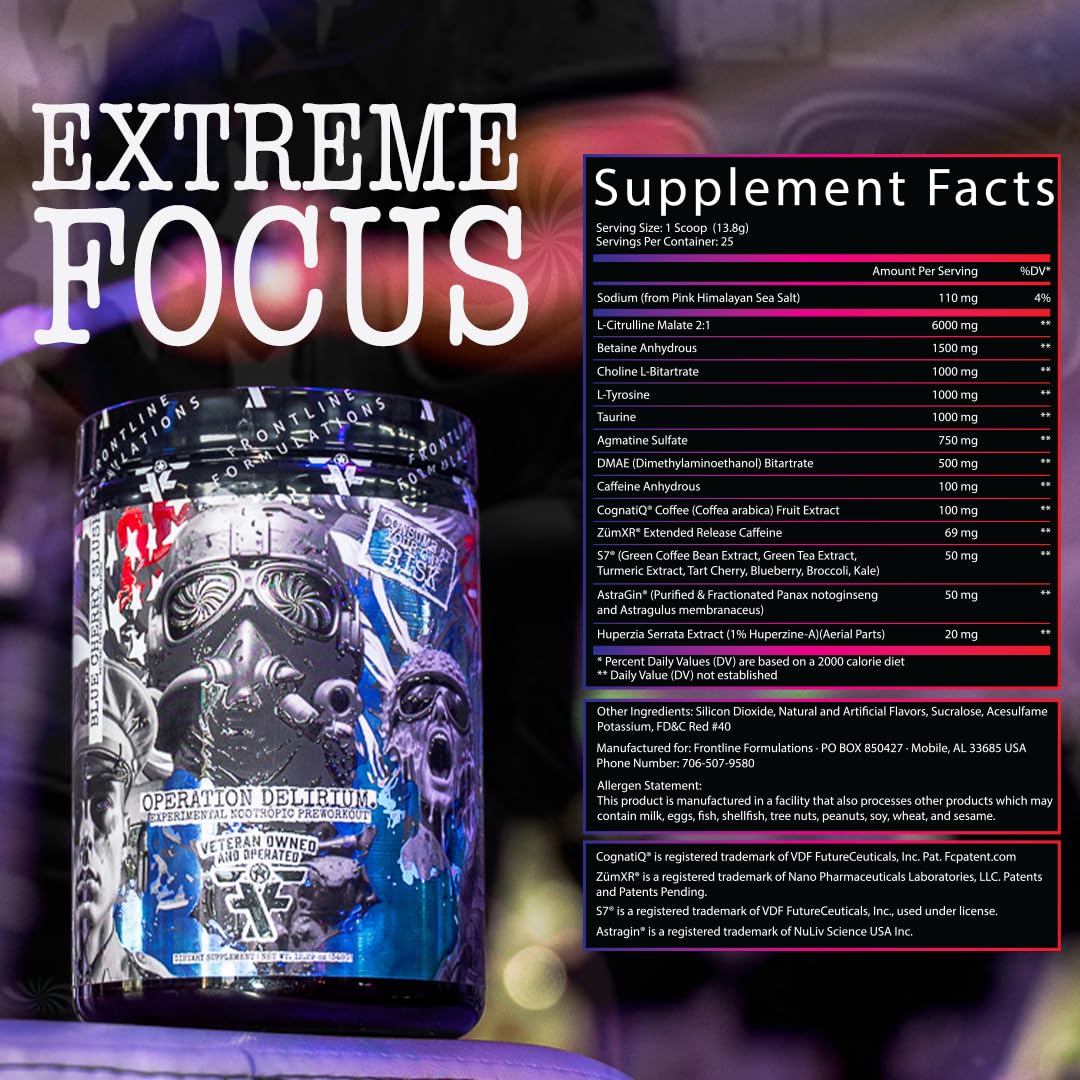 Frontline Formulations Operation Delirium Nootropic Enhanced Pre-Workout Powder, 30 Servings
