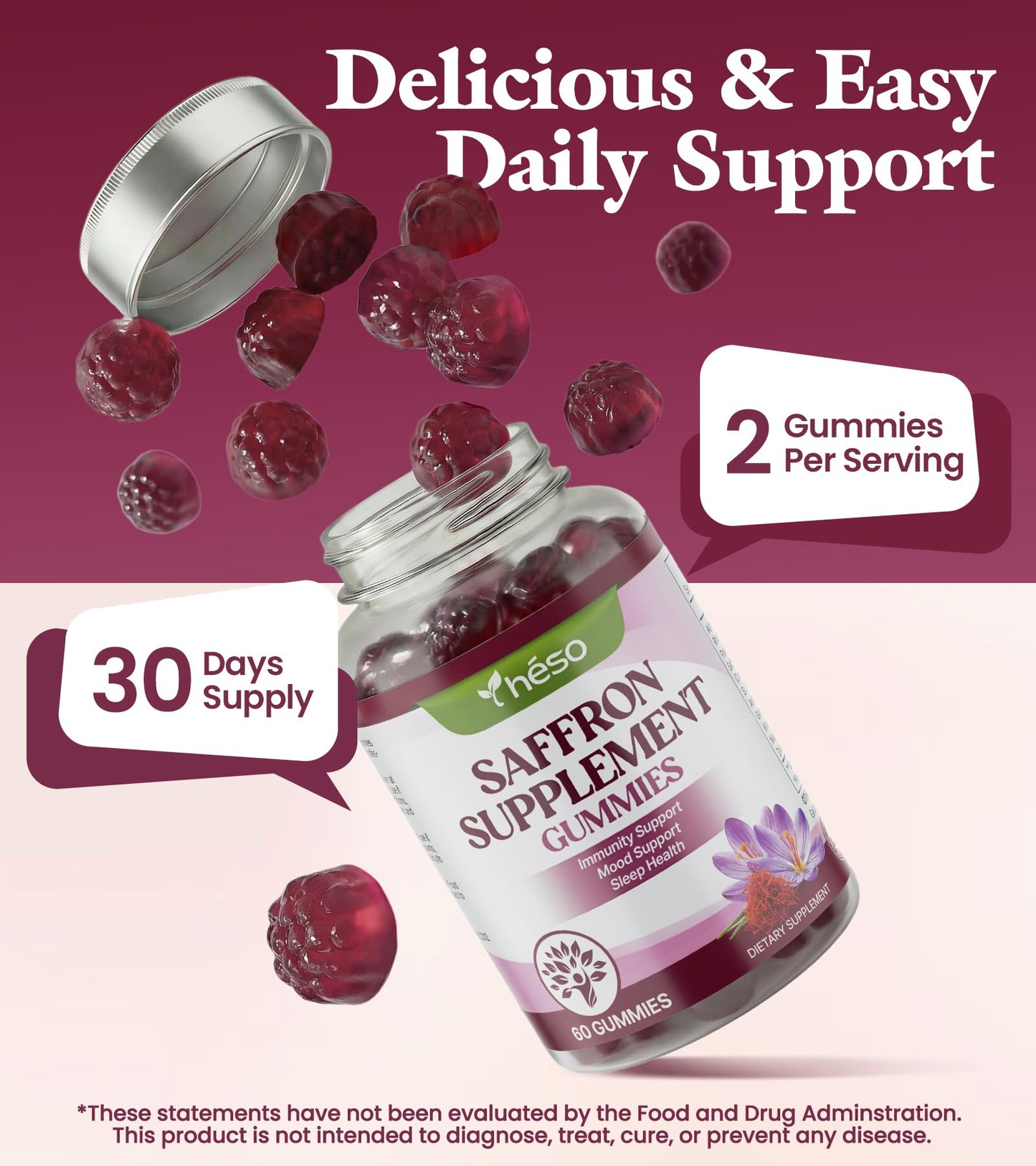 Yheso Saffron Gummies with Ashwagandha, Rhodiola & GABA – Sugar Free Mood & Stress Support Supplement with Magnesium, Vitamin D3 & Zinc – Calm & Relaxation Blend, Gummies, 60