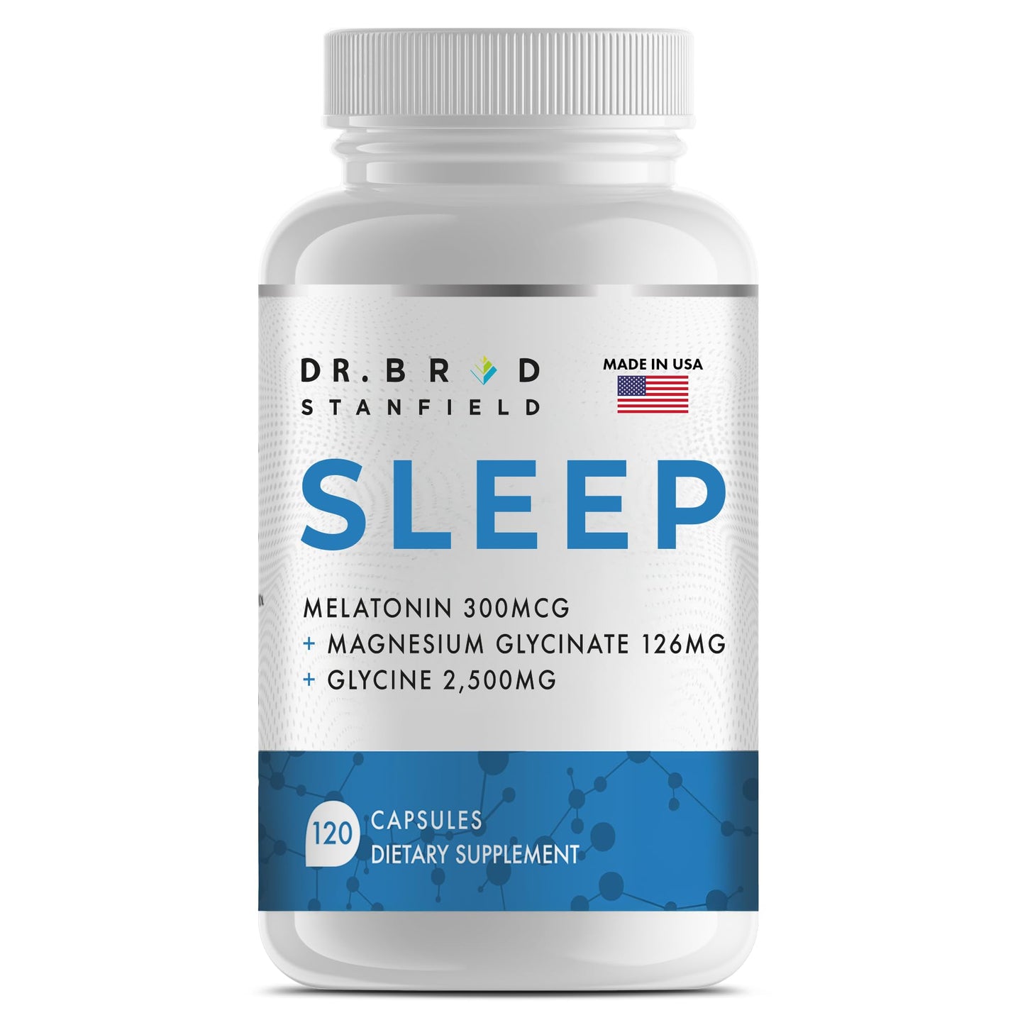 Dr Brad Stanfield Melatonin 300mcg + Magnesium Glycinate 126mg + Glycine 2,500mg for Sleep Capsules, 120 Count