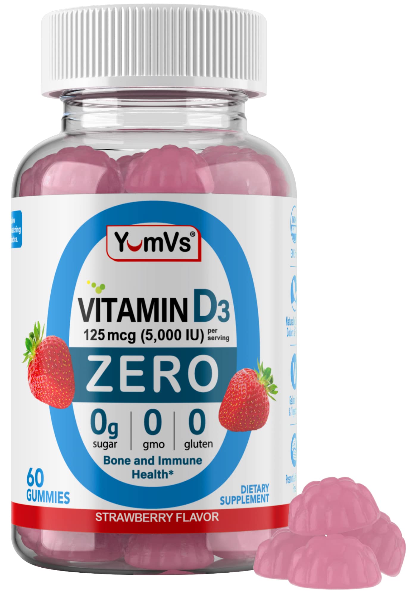 YUM-V'S Vitamin D3 Gummies with Zero Sugar for Adults & Kids (125 mcg) 60 Count