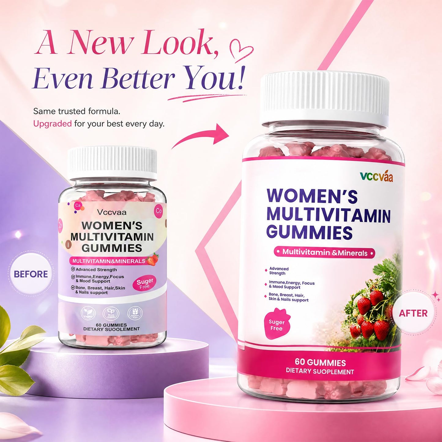Vccvaa Sugar Free Multivitamin Gummies for Women 14+ with Iron, Inositol, Folate, Vitamins A C D3 E B12 K2, Herbal & Mineral Blend, Daily Vegan Gummy for Hair, Skin, Energy, Immune Support, 60 Count