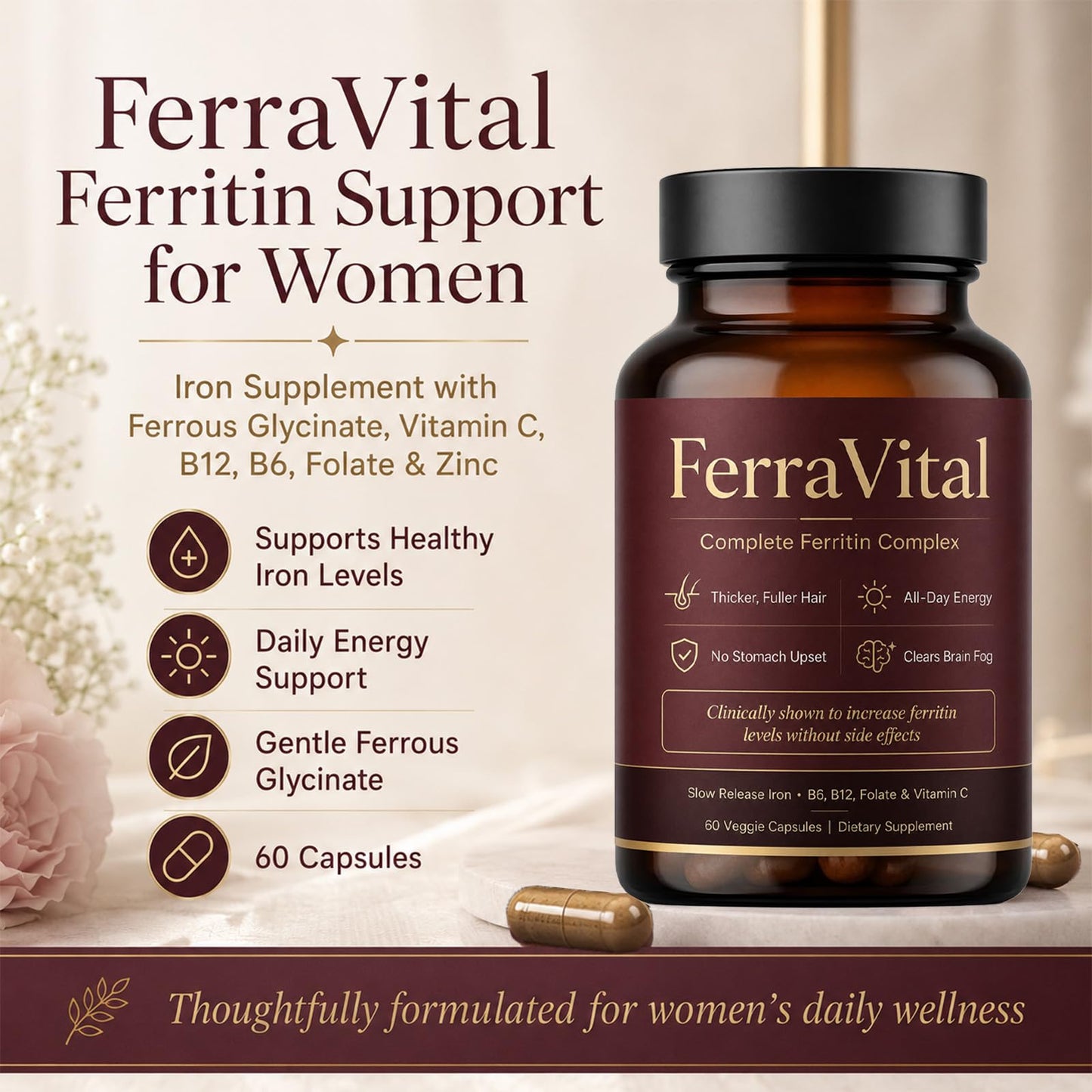 PRIDEWELL FerraVital Ferritin Supplement for Women Iron Supplement with Ferrous Glycinate, Vitamin C, B12, B6, Folate & Zinc – Supports Healthy Iron Levels & Daily Energy, 60 Capsules
