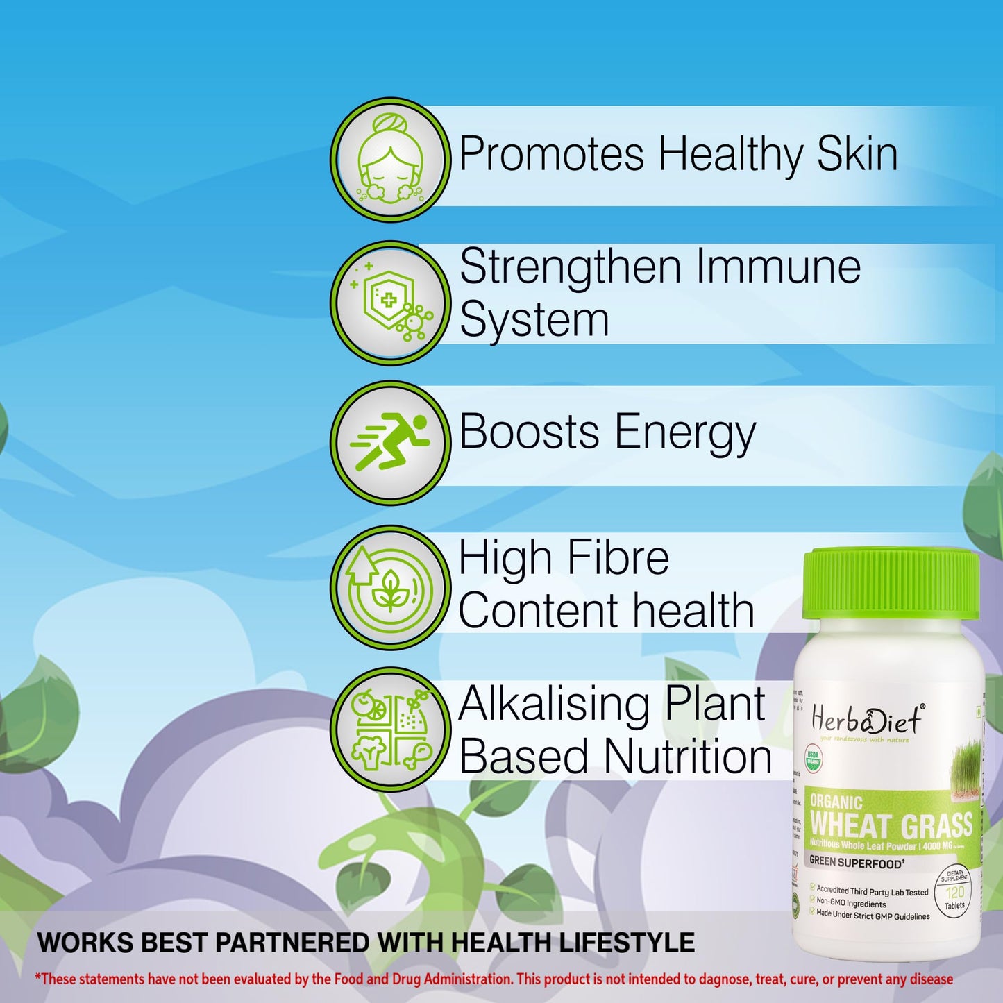 Herbadiet Organic Wheat Grass Whole Leaf 500mg Tablets, 120 Count