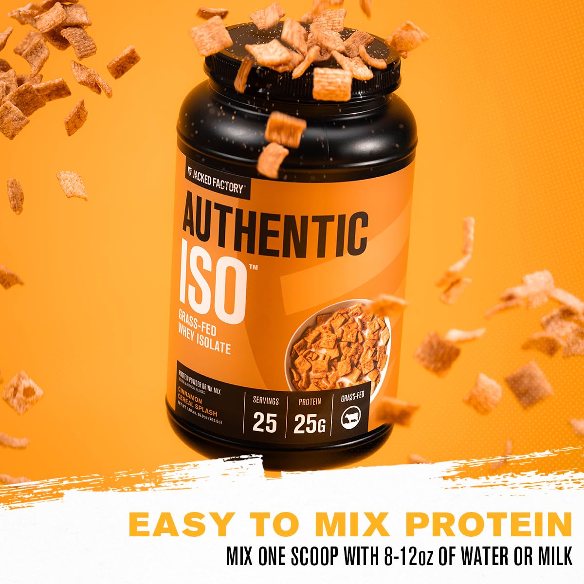 Jacked Factory Authentic ISO Grass Fed Whey Protein Isolate Powder - Low Carb, Non-GMO Muscle Building Protein with No Fillers, Post Workout Recovery, Cinnamon Cereal Splash, 25 Servings