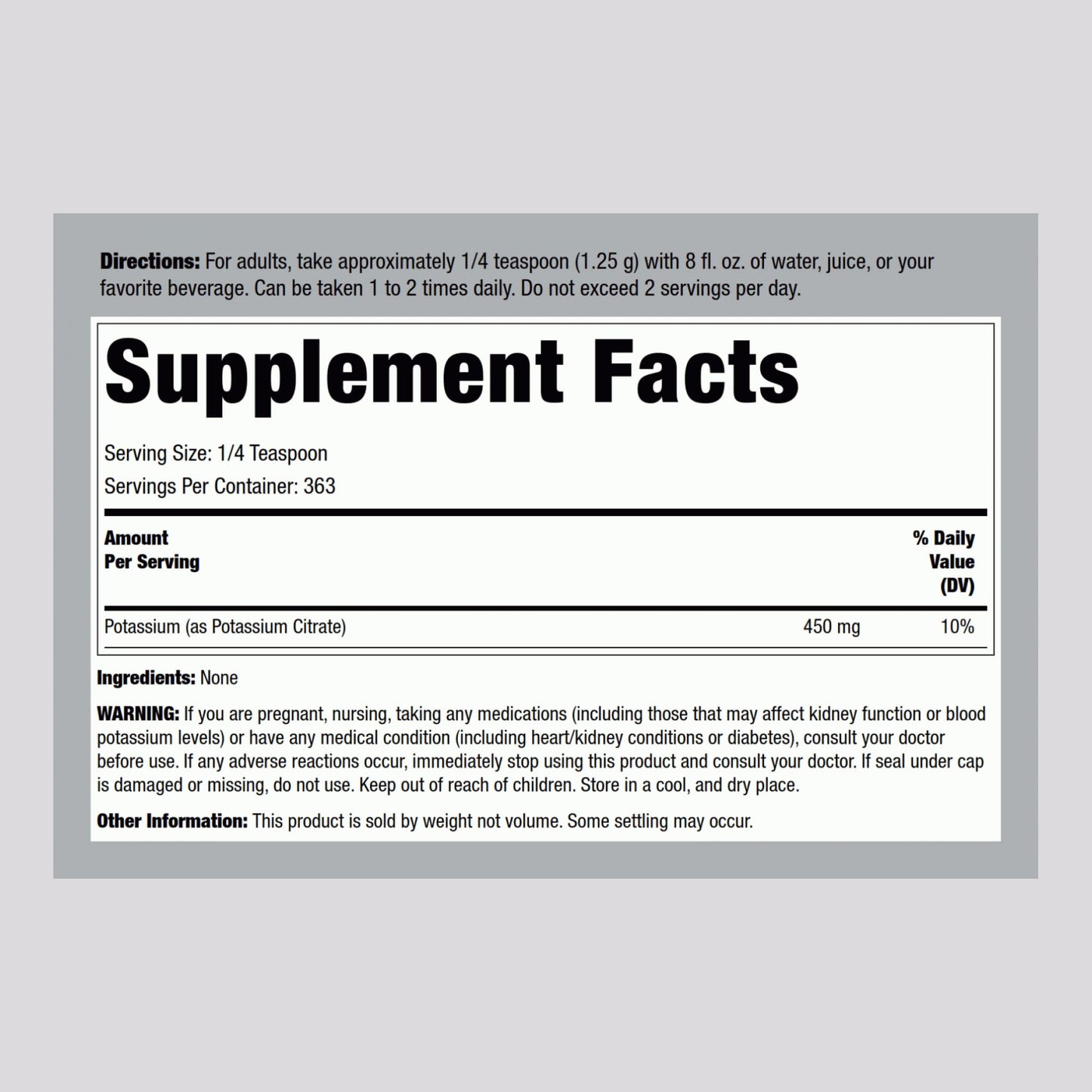 Piping Rock Potassium Citrate Powder Supplement, 16 Ounce