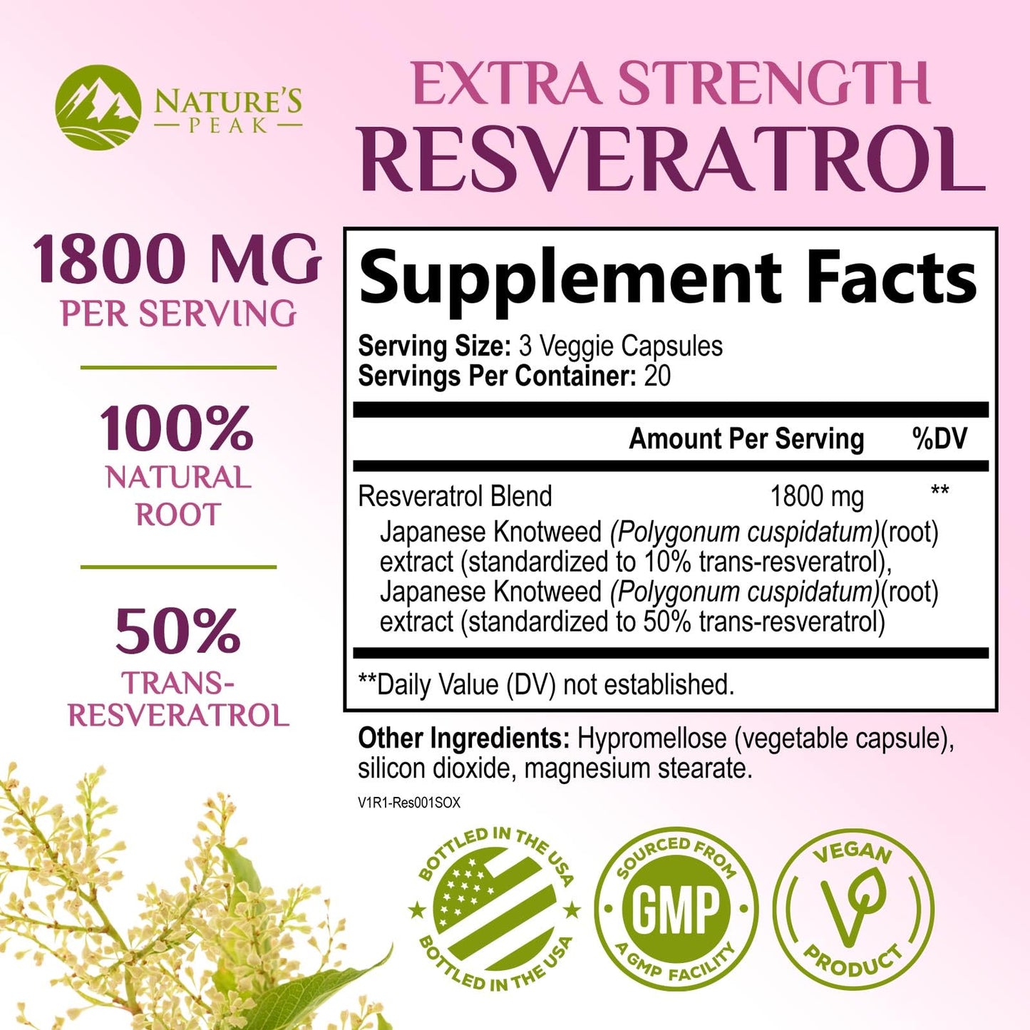 Nature's Peak Resveratrol 1800mg 3X Strength Trans-Resveratrol, 60 Capsules