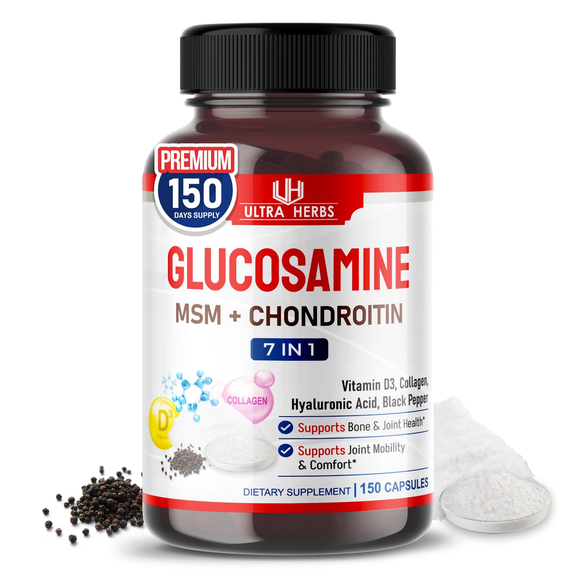 ULTRA HERBS Glucosamine Chondroitin MSM - Joint Mobility Support Supplement Enhanced with Collagen, Hyaluronic Acid, Vitamin D3, 150 Capsules