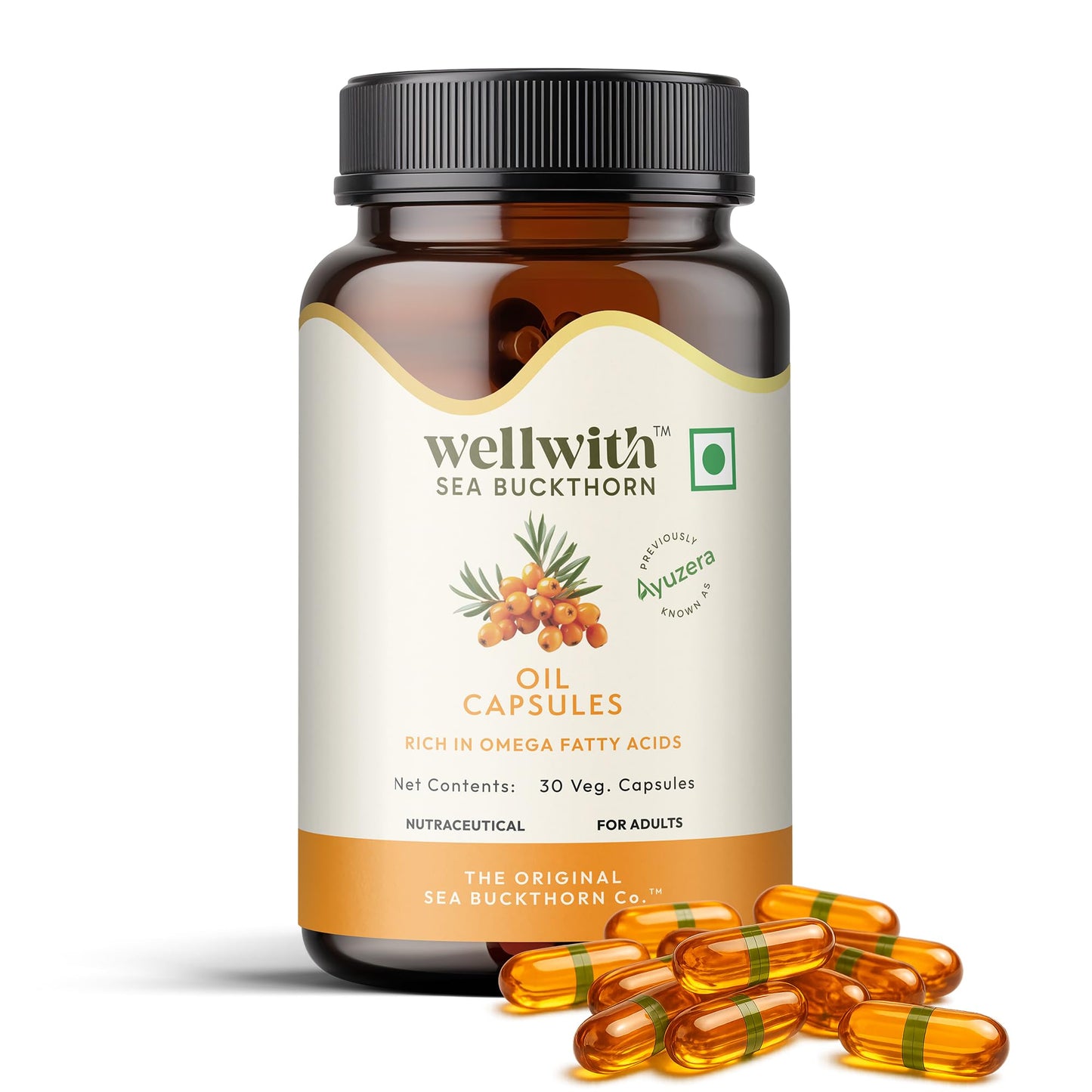 Wellwith Sea Buckthorn Berry Oil Vegan Omega 7 500mg Capsule, 1 Count