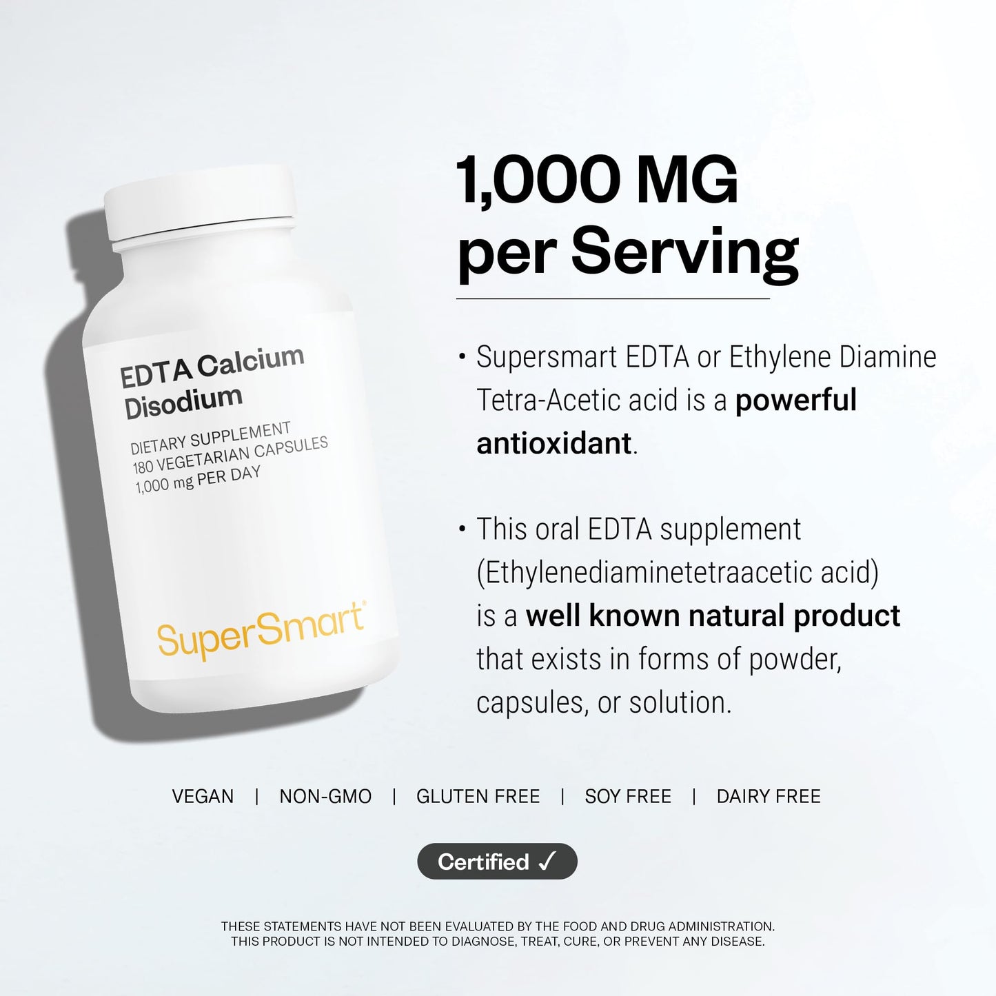 Supersmart EDTA 1000mg per Day Calcium Disodium EDTA Capsule, 180 Capsules