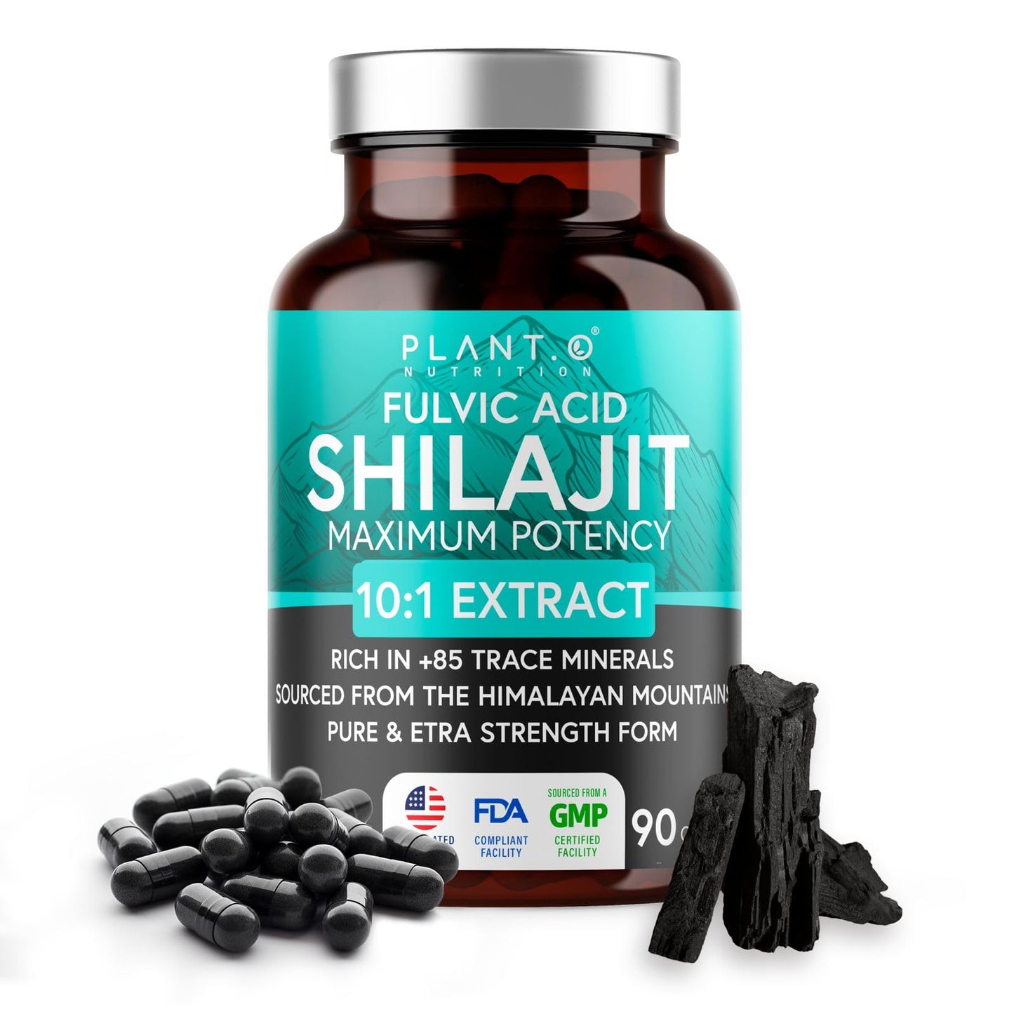 PLANT.O NUTRITION Natural Himalayan Shilajit Capsules - 10:1 Extract Maximum Potency, 90 Count