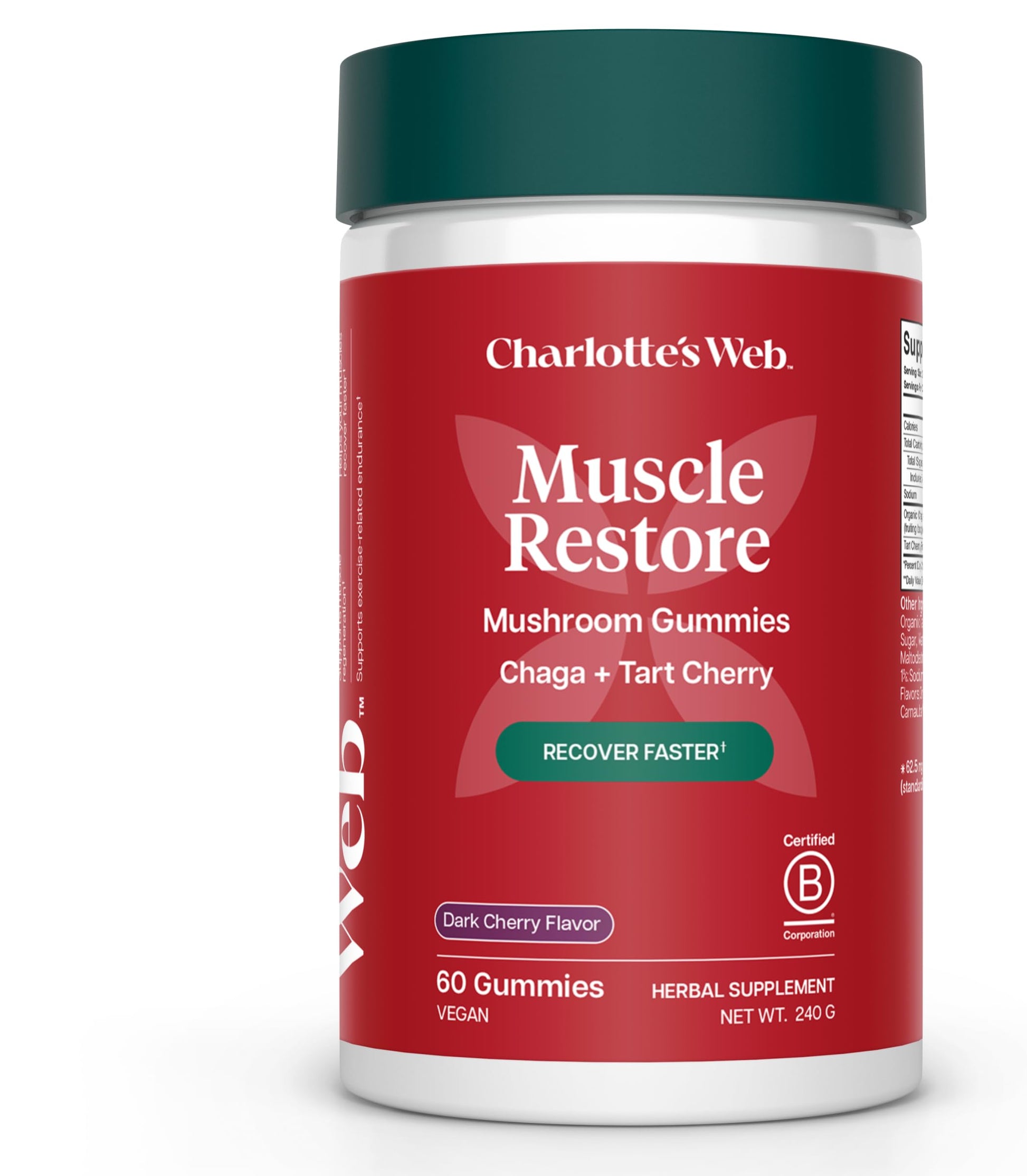 Charlotte's Web Muscle Restore Mushroom Gummies — Chaga & Tart Cherry, Dark Cherry Flavor, Vegan, Kosher, Non-GMO, 60 Count