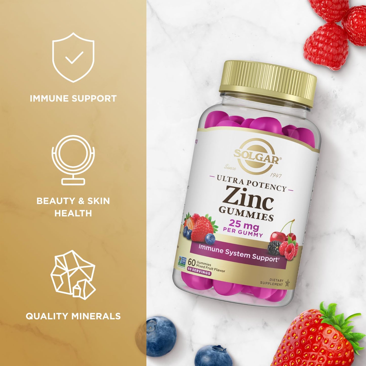 Solgar Zinc Gummies 25mg Ultra Potency Zinc Citrate for Immune Support - Mixed Fruit Flavor, 60 Count