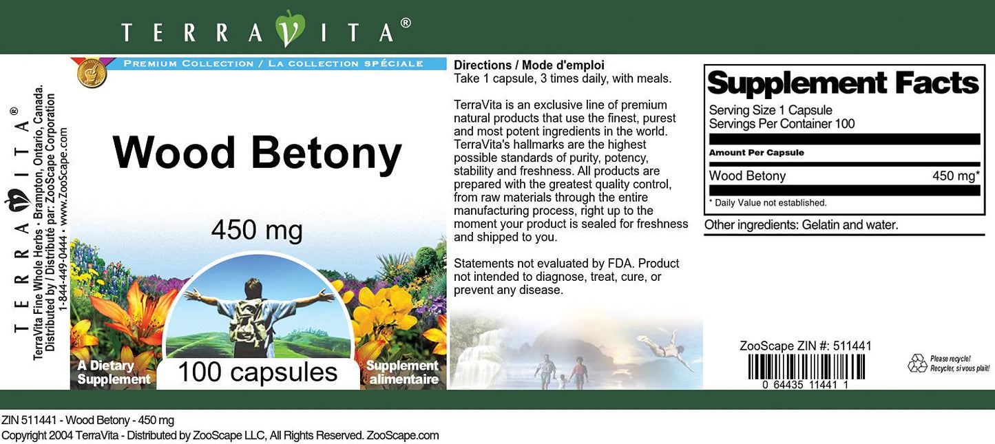 Terravita Wood Betony 450 mg Capsules, 300 Count