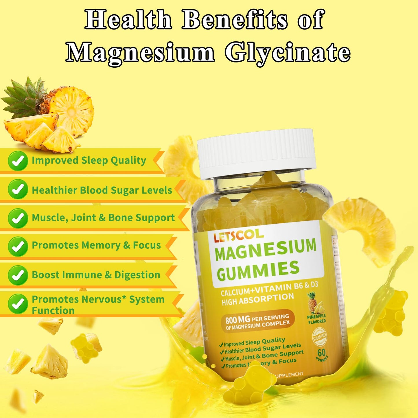 LETSCOL Magnesium Glycinate Gummies 60 Count
