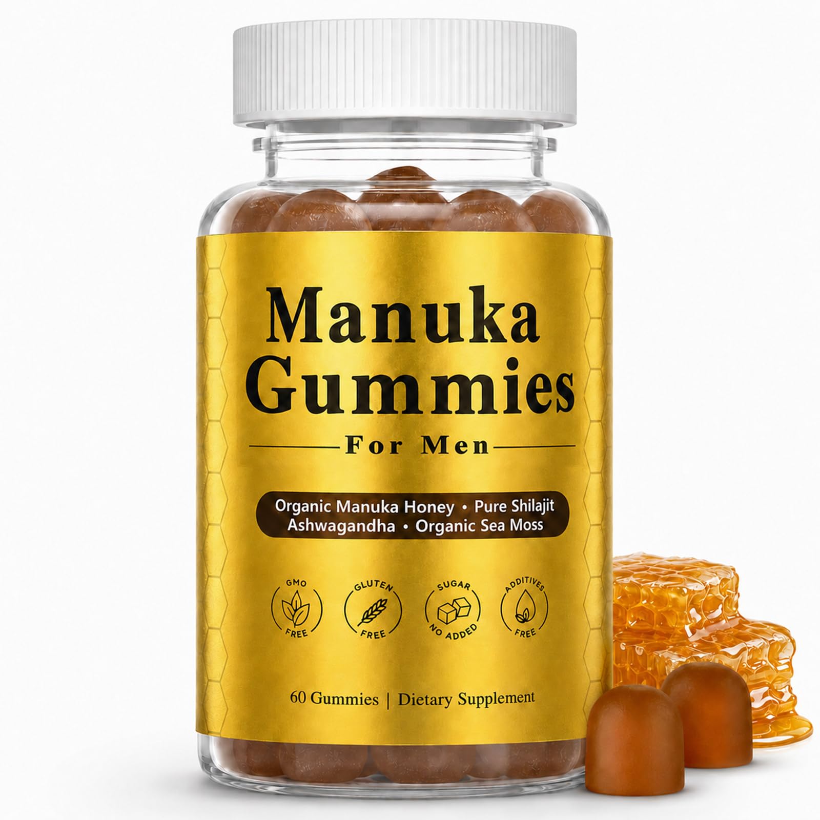 Plutarn Manuka Honey for Men, with Shilajit, Ashwagandha, Sea Moss 60 Gummies