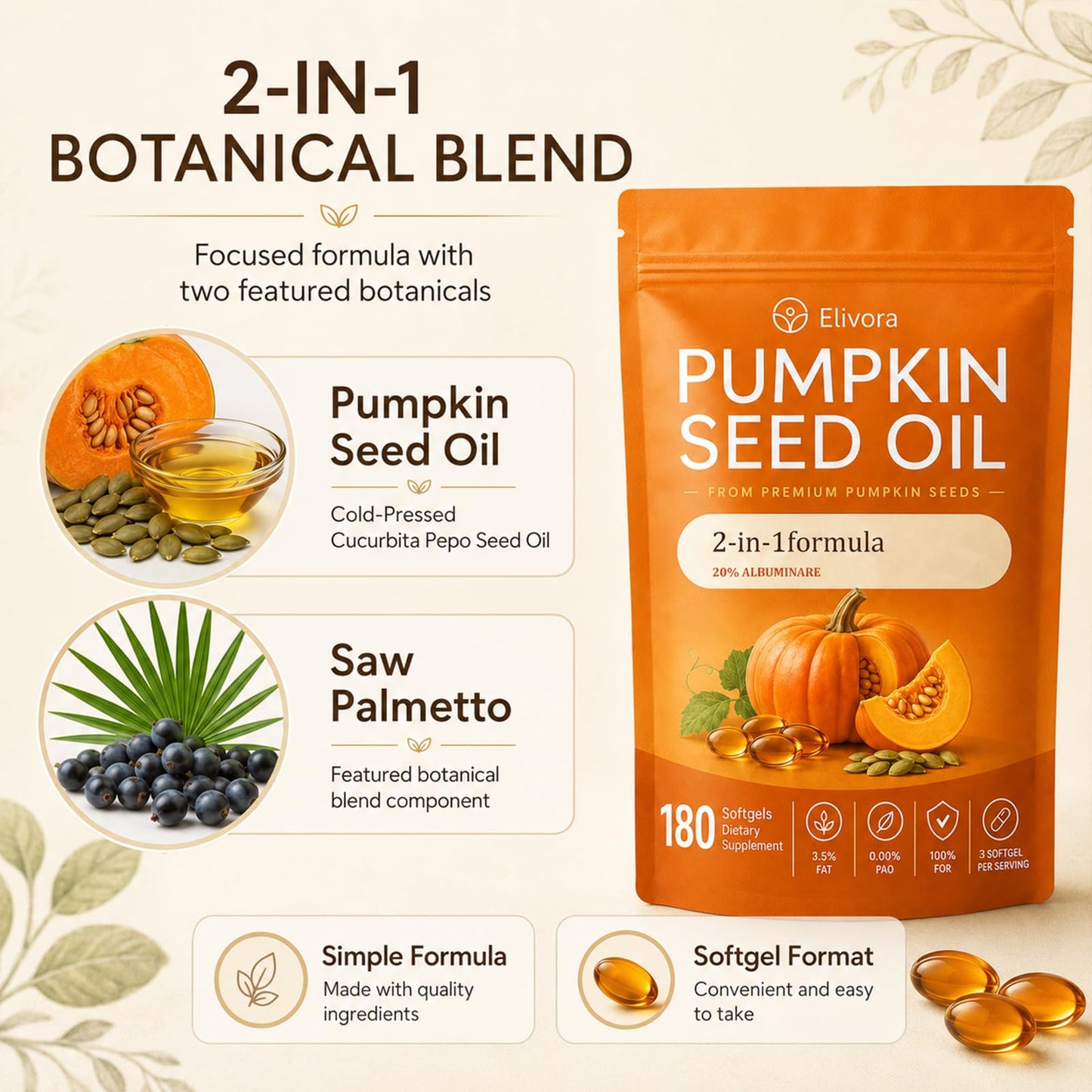 Golden Dunes Elivora Pumpkin Seed Oil Softgels with Saw Palmetto, 180 Softgels