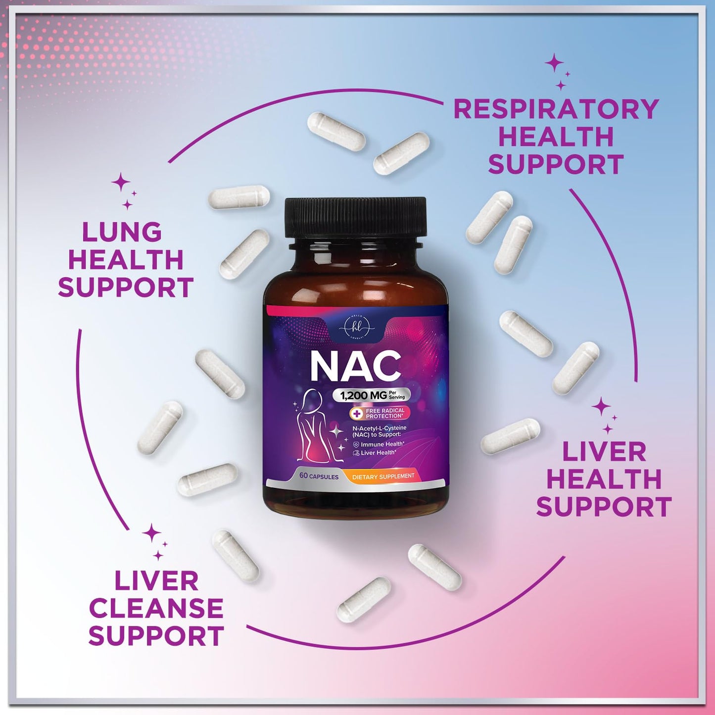 Hello Lovely! NAC Supplement - 1200mg per Serving N-Acetyl-L-Cysteine – Optimal Absorption Immune Support with Powerful Antioxidants - Respiratory & Liver Health Support - Gluten Free, Bottled in USA - 60 Capsules