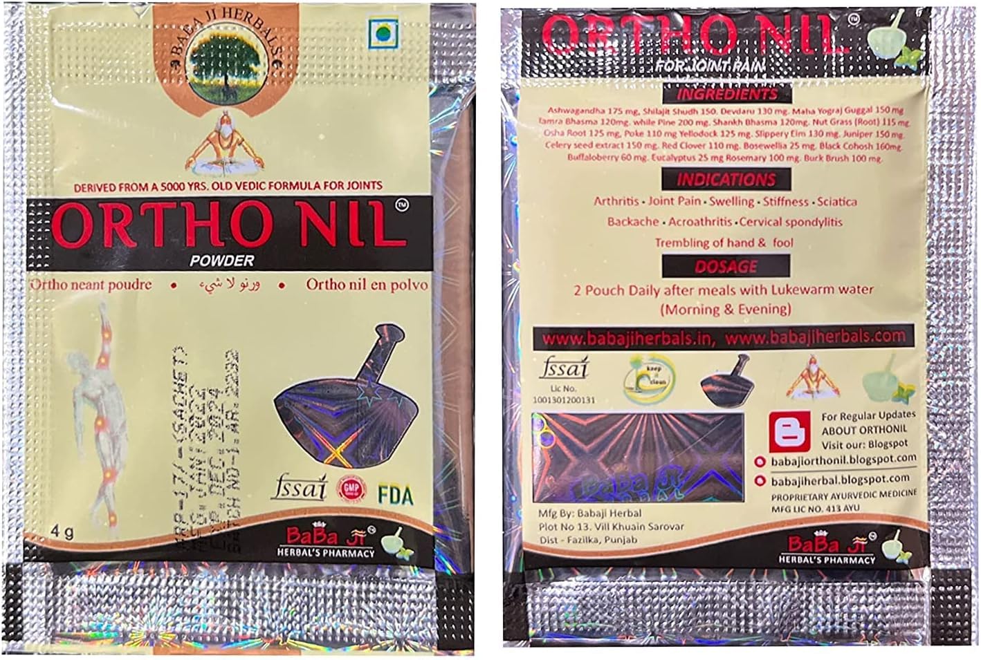 Generic Babaji Herbals Ortho Nil Powder 4gm Each, Pack of 20