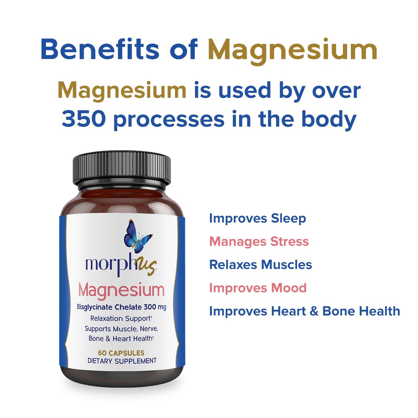 MORPHUS Magnesium Bisglycinate Chelate 300mg Supplement Capsules, 60 Count