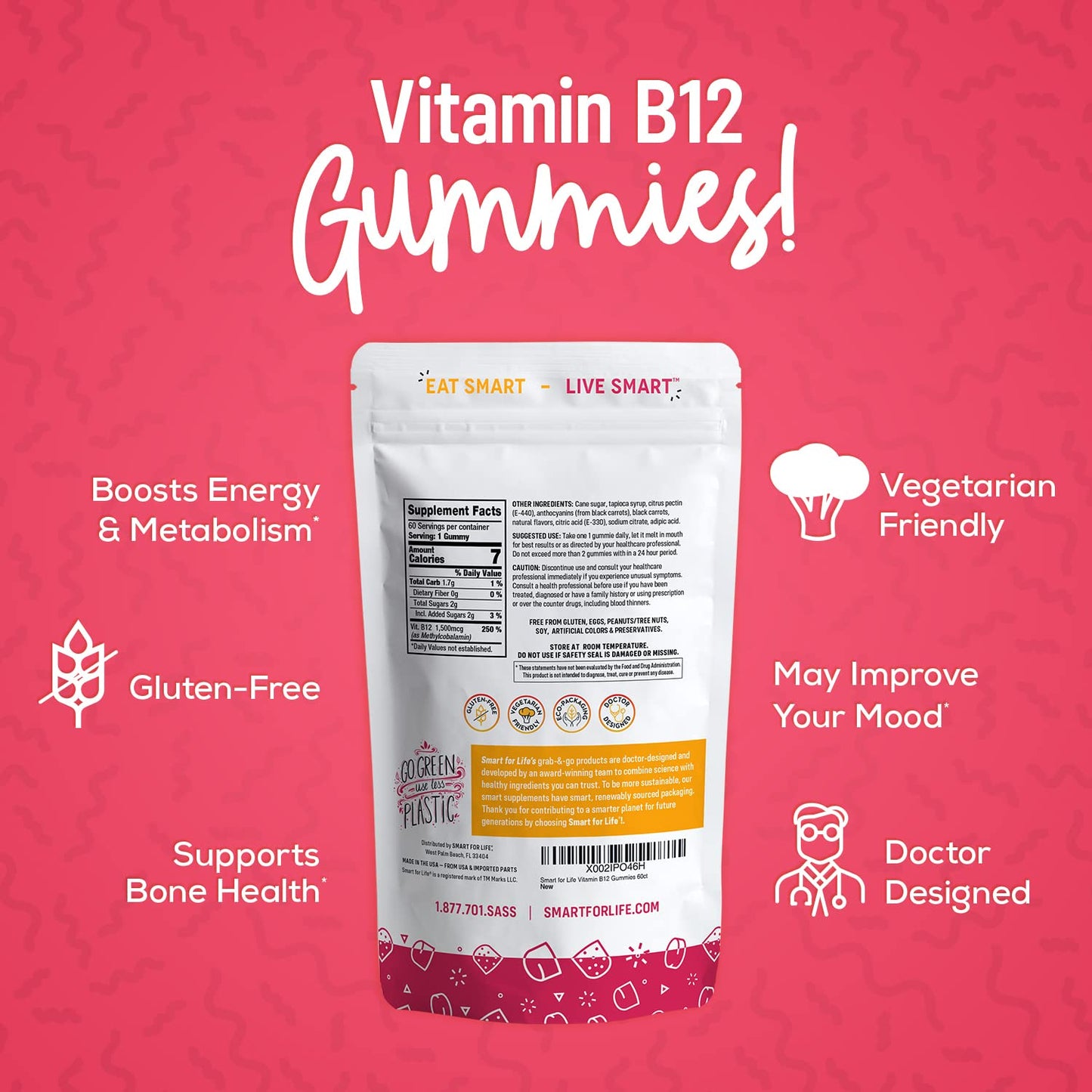 Smart for Life B12 Gummy Vitamins 1500 mcg Raspberry, 60 Count