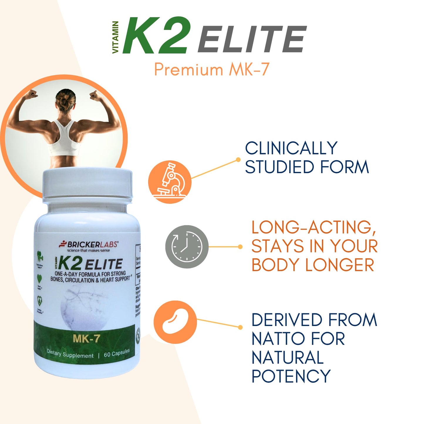 Bricker Labs K2 Elite Vitamin K2 MK-7 Supplement 160mcg per Capsule, 60 Capsules
