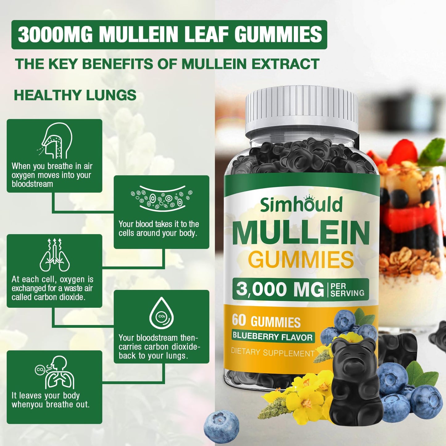 Simhould Mullein Gummies Sugar Free 3000MG Gummy 1 Pack