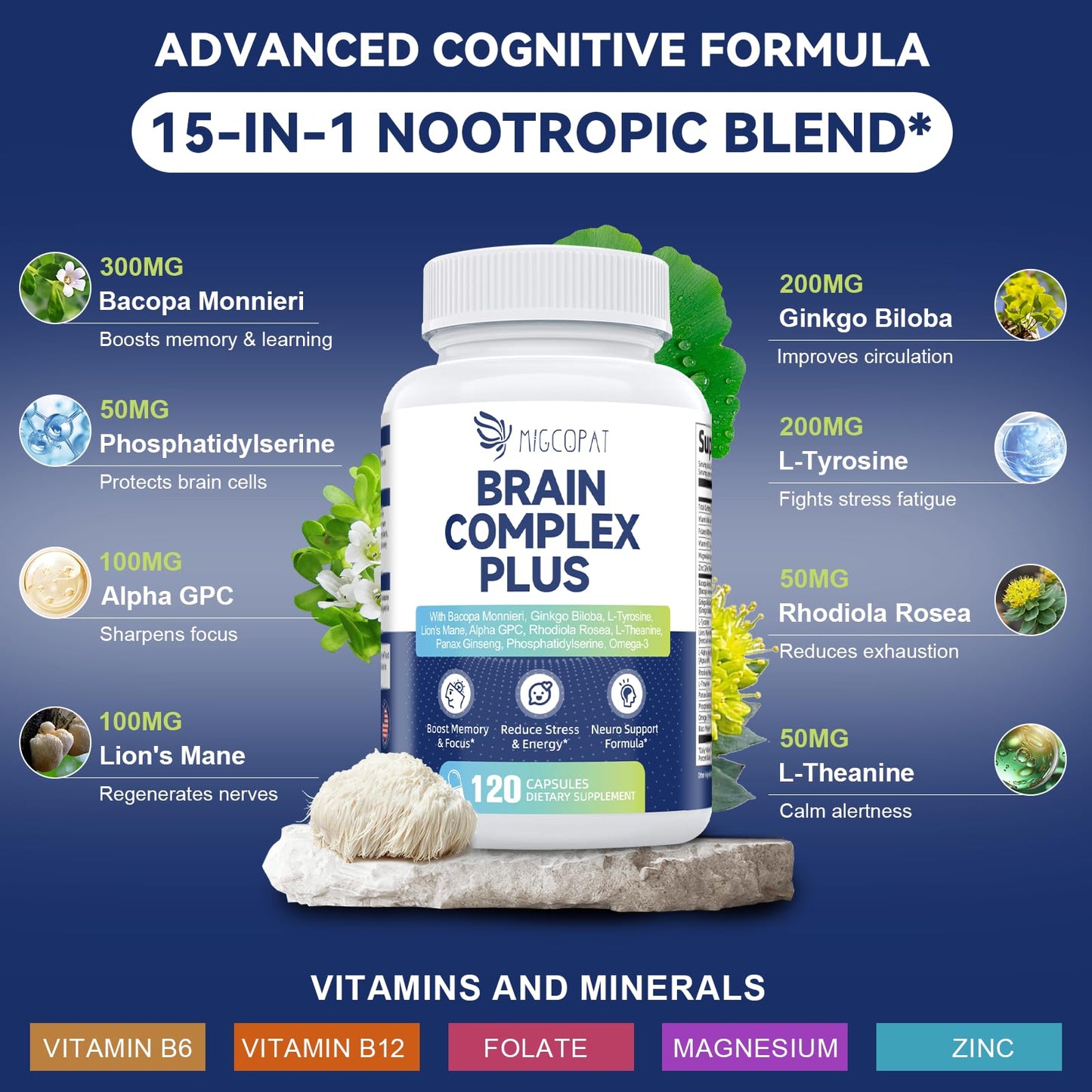 Migcopat Brain Supplements for Memory & Focus Nootropic with Bacopa, Lion's Mane, Alpha GPC, Vitamin B6 & B12, 240 Capsules