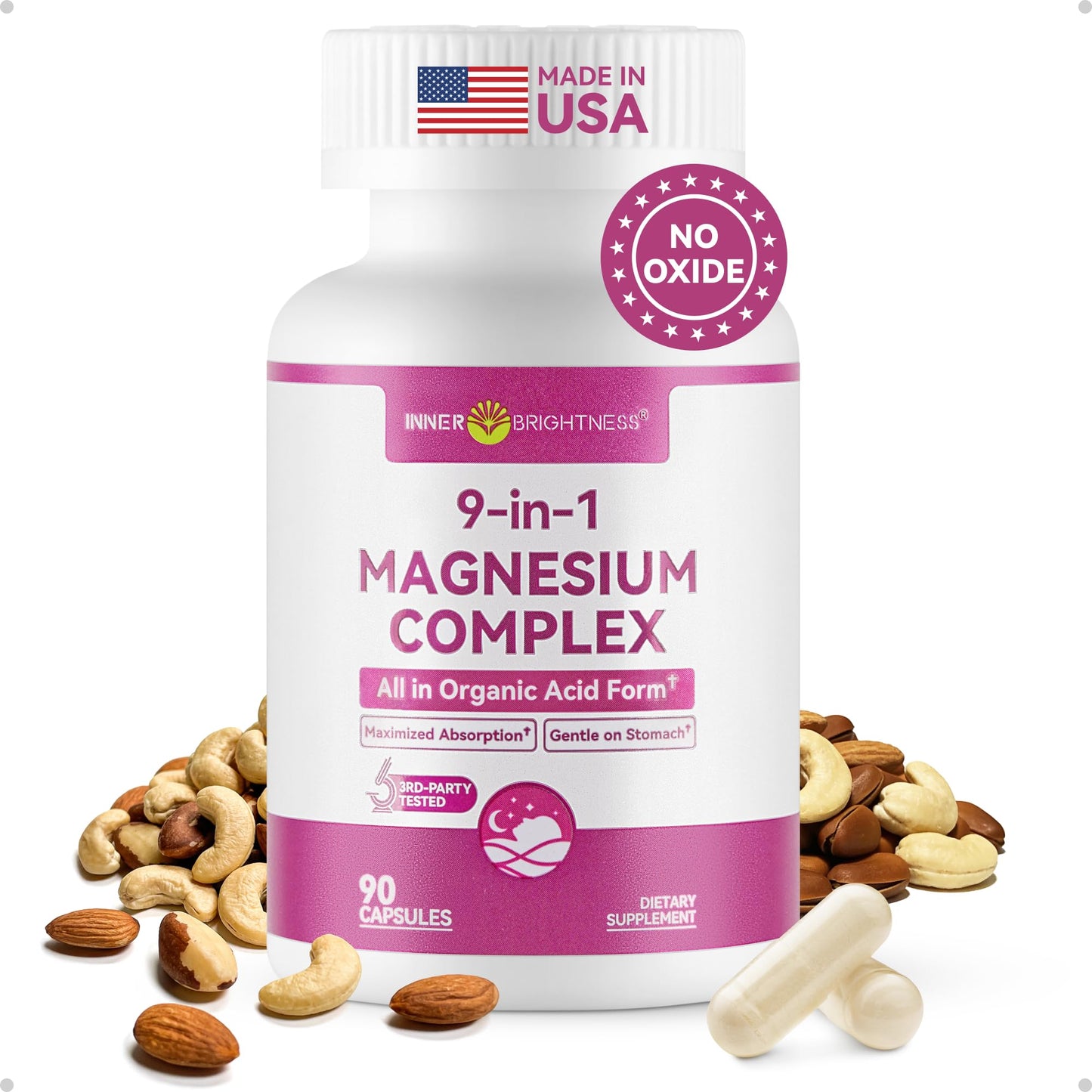 Inner Brightness 9-in-1 Magnesium Complex 300mg Magnesium from 9 Organic Forms (Glycinate, Citrate, Malate) Capsule, 90 Count