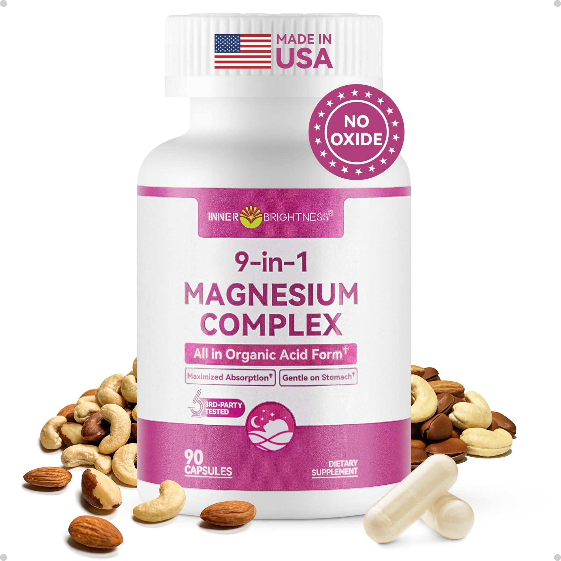 Inner Brightness 9-in-1 Magnesium Complex 300mg Magnesium from 9 Organic Forms (Glycinate, Citrate, Malate) Capsule, 90 Count